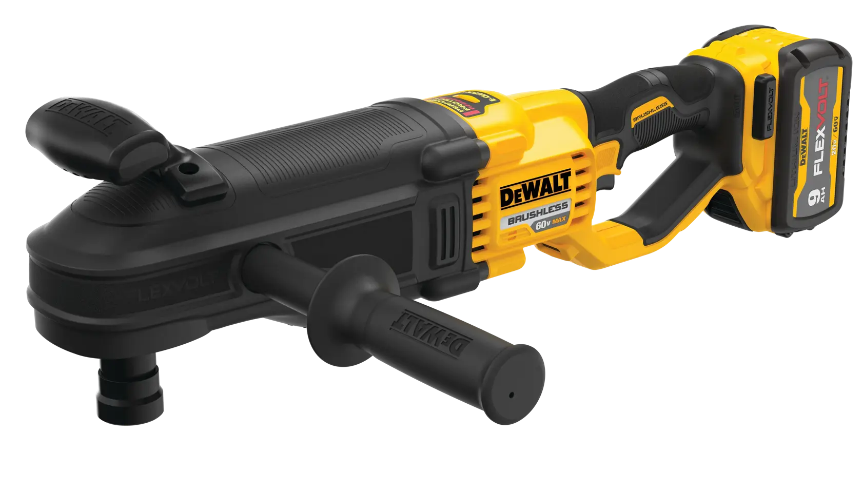 A DEWALT cordless brushless FLEXVOLT right-angle drill with a black and yellow design, detachable side handle, and rechargeable battery pack.