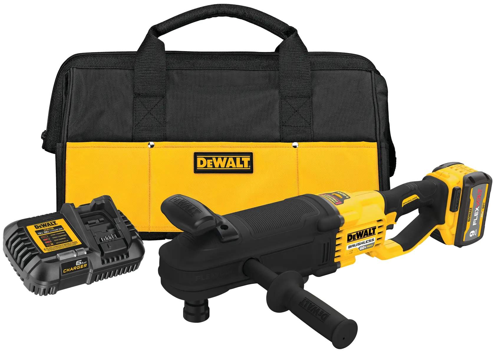 A DEWALT cordless drill kit including a yellow and black drill, battery charger, and a matching tool bag.