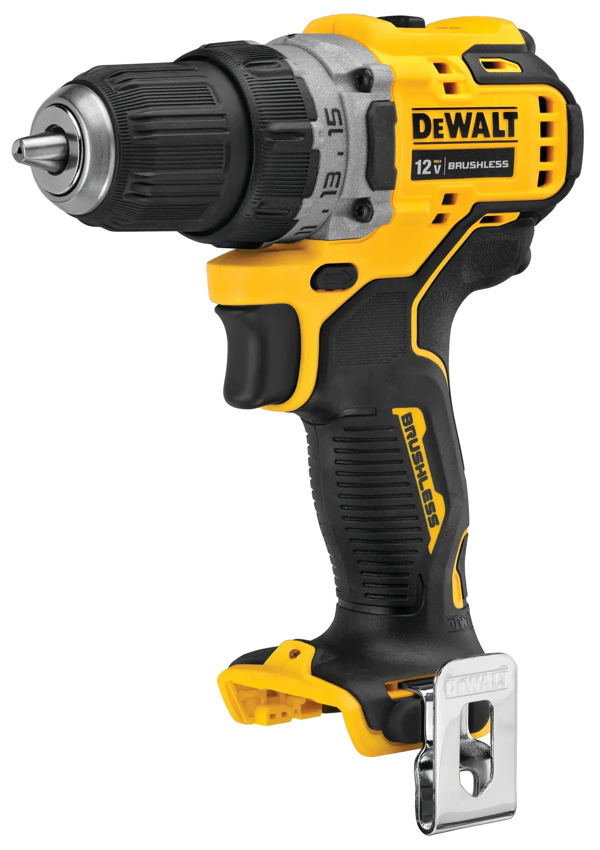 Profile of Brushless cordless drill driver with battery.