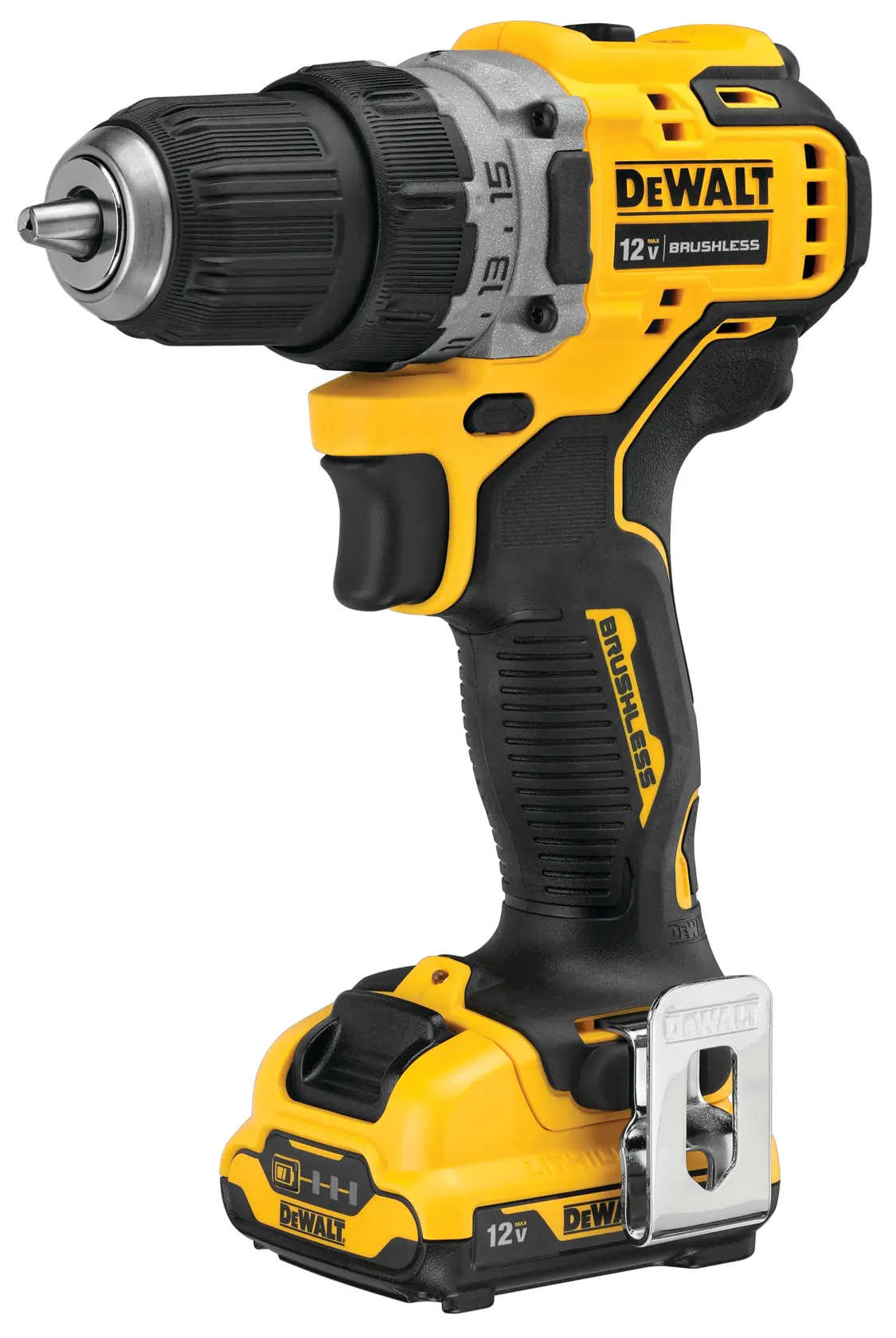 Profile of Brushless cordless drill driver with battery.