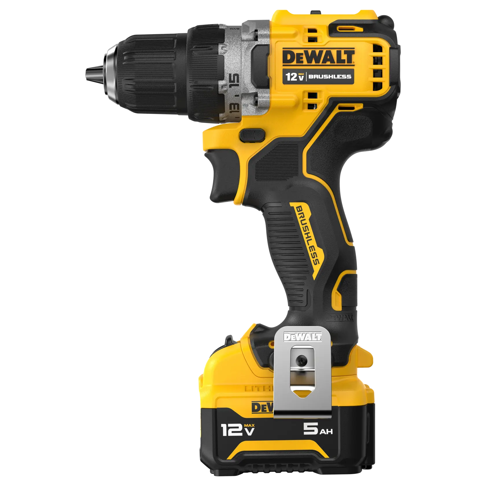 A DEWALT 12V cordless brushless drill with a 5Ah battery. The drill is predominantly yellow and black with visible brand and model markings.