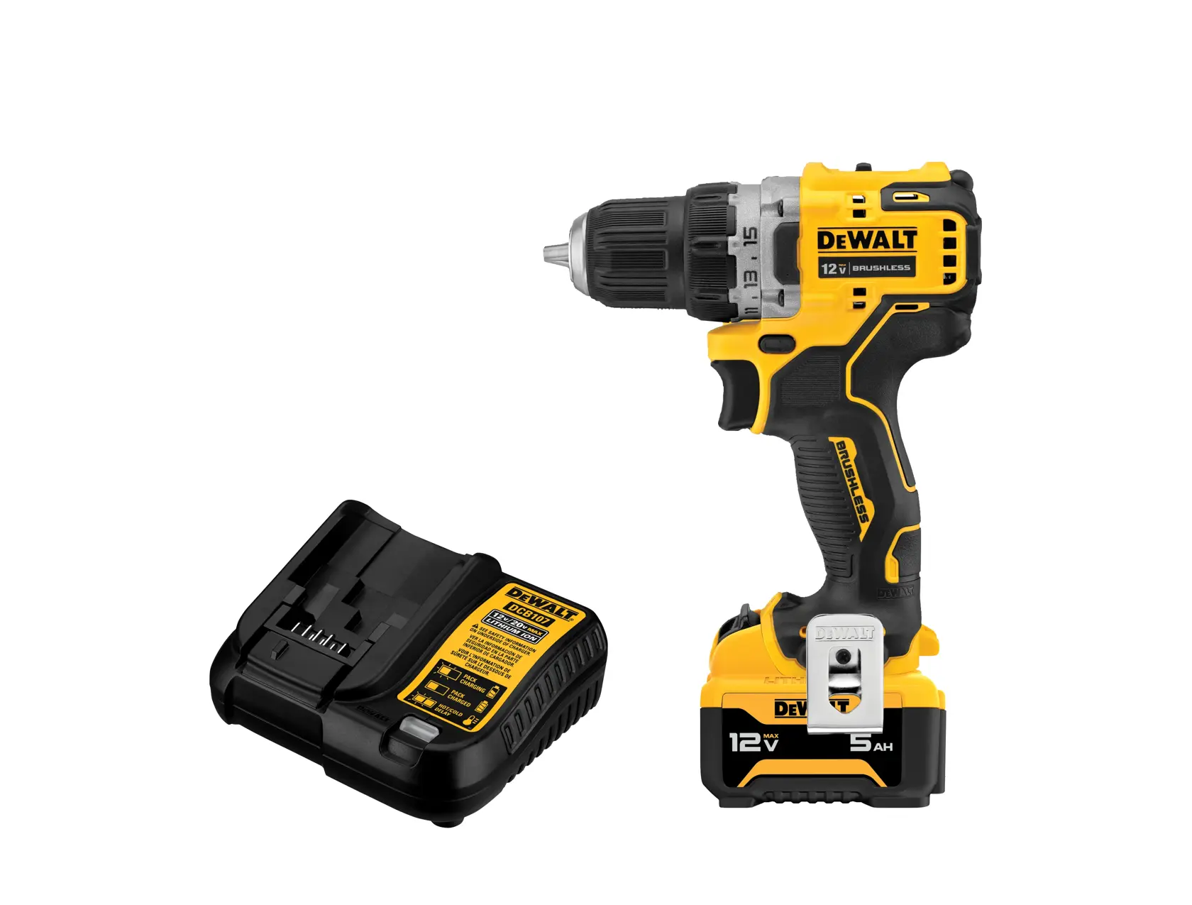 A DEWALT 12V cordless power drill with a yellow and black design, shown with its matching battery charger beside it.
