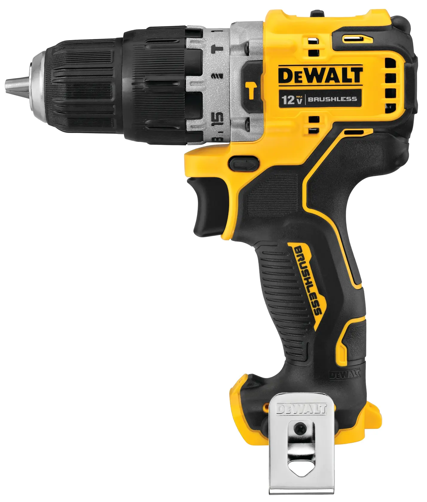 A DEWALT 12V brushless cordless drill with a black and yellow design, featuring a metal belt clip and ergonomic grip.
