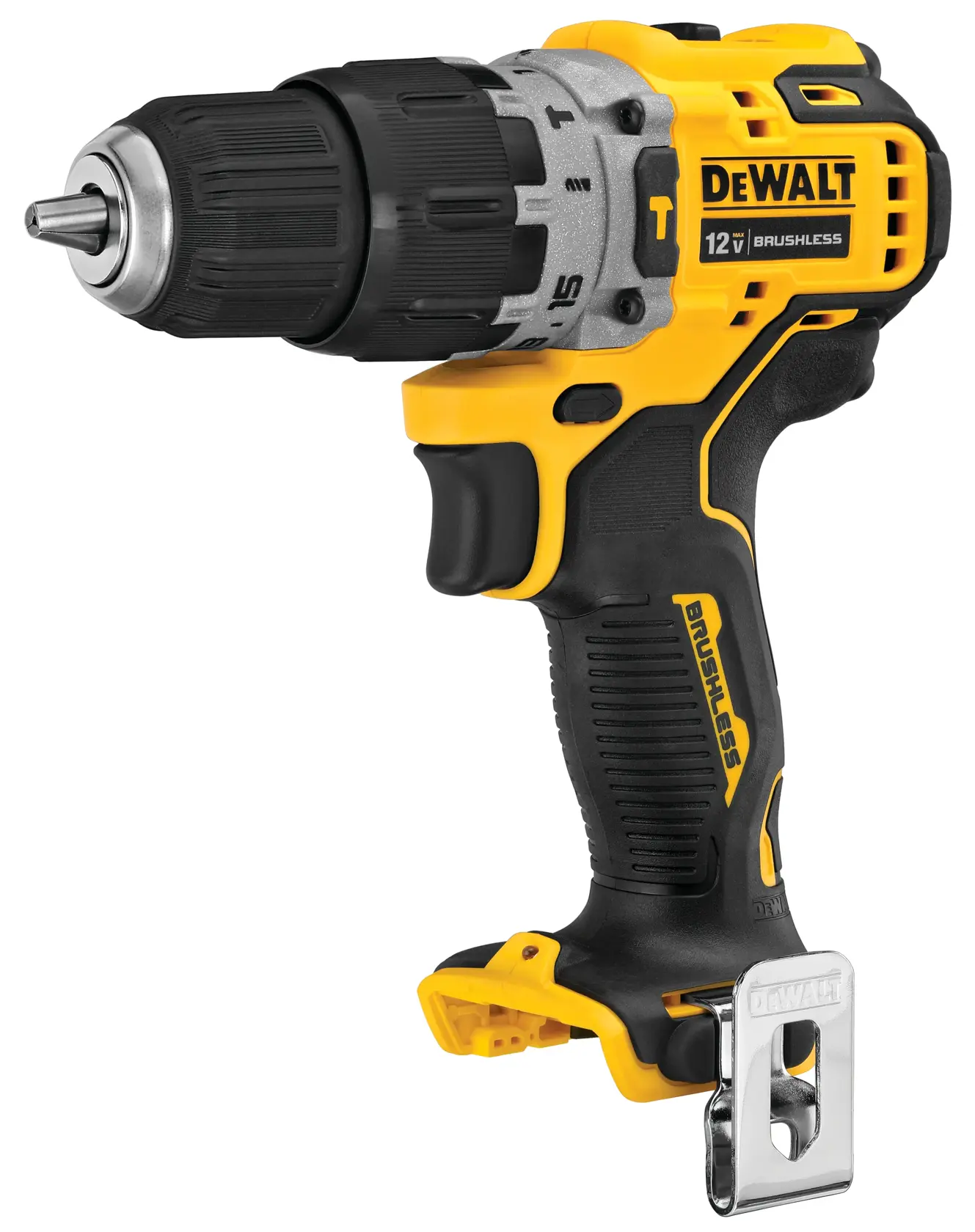A Dewalt 12V brushless cordless drill with a black and yellow design, featuring a metal belt clip attached to the base.