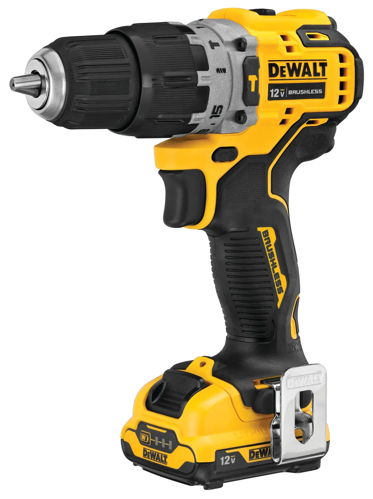 Profile of Brushless cordless hammer drill with battery.