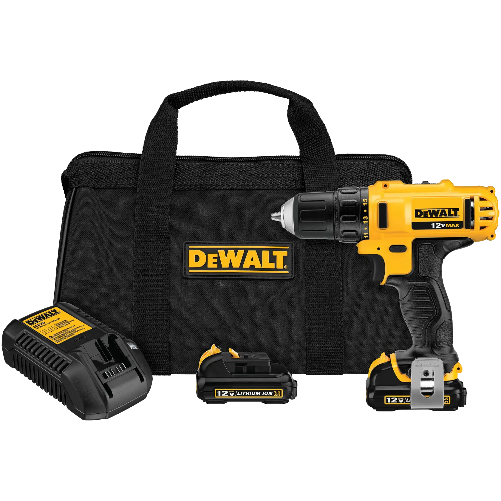 A person is using a yellow DEWALT 12V MAX cordless drill to drill into a wooden shelf.