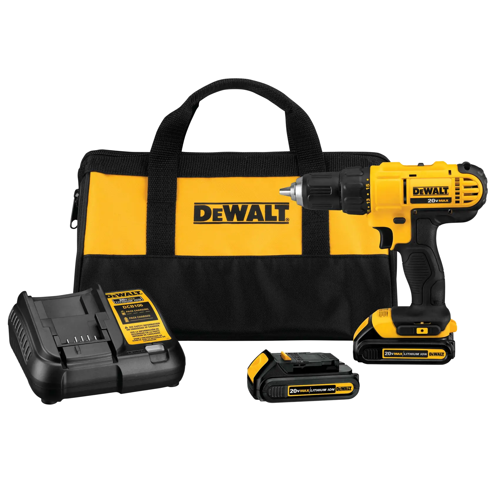 A DEWALT cordless drill set including a yellow and black drill, a black and yellow soft carrying bag, a battery charger, and a rechargeable battery, all displayed together.