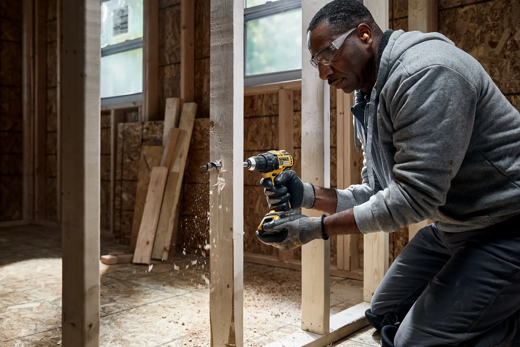 20V MAX Brushless Drill/Driver drilling into wood framing