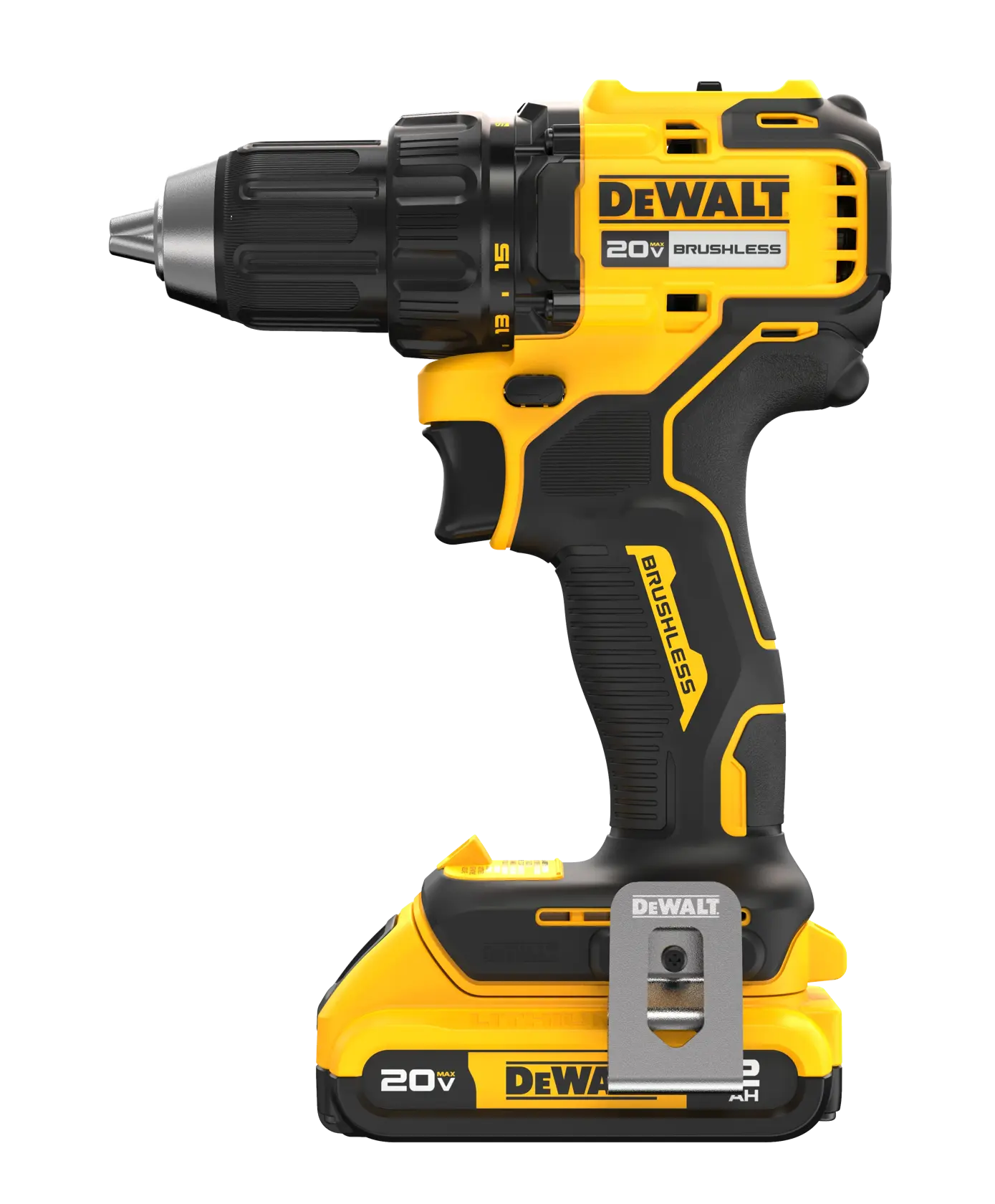 20V MAX Brushless 1/2 in. Drill/Driver front side view  with 20V MAX* 2.0 ah battery