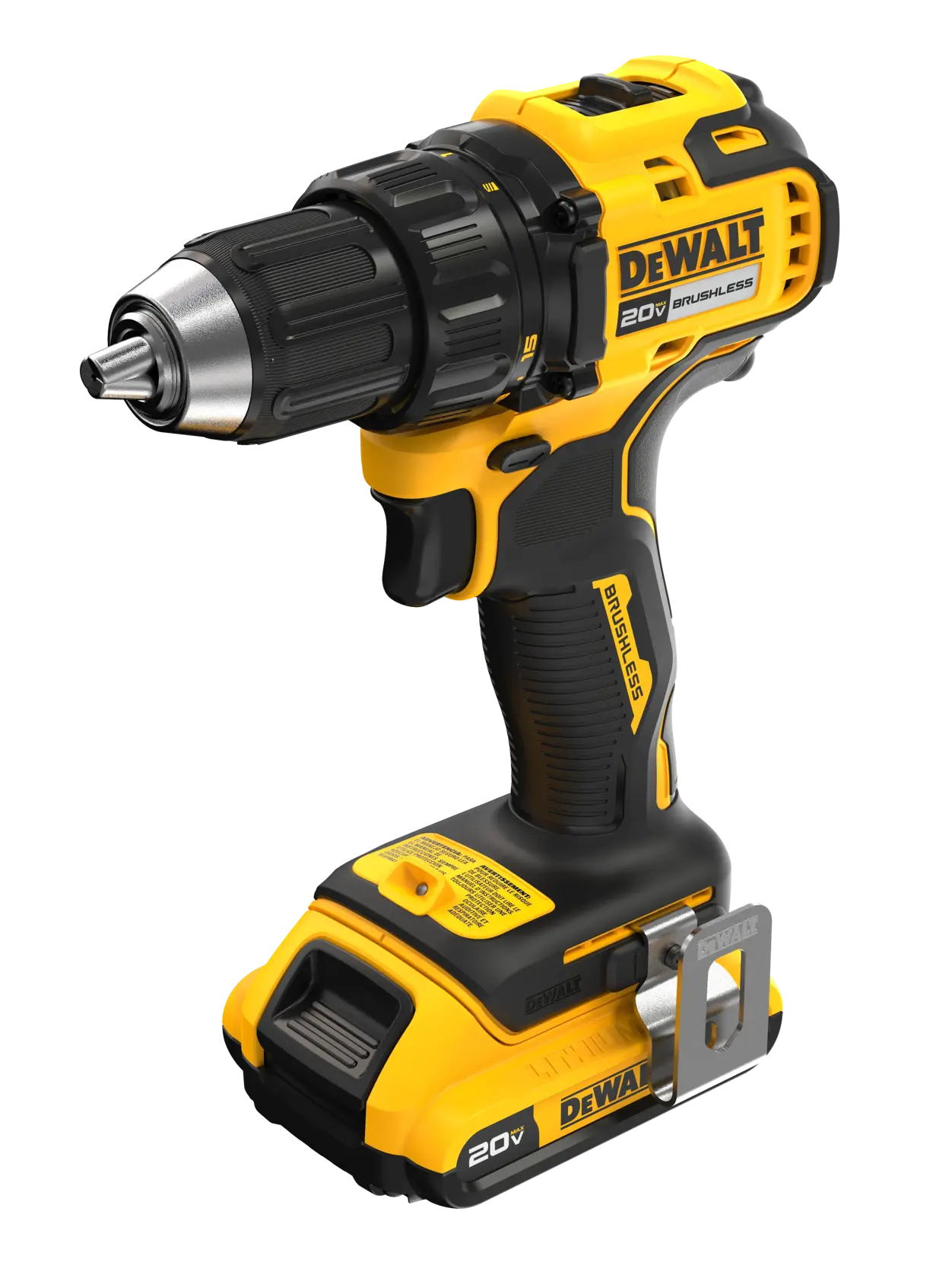 20V MAX Brushless 1/2 in. Drill/Driver top view angled with 20V MAX* 2.0 ah battery