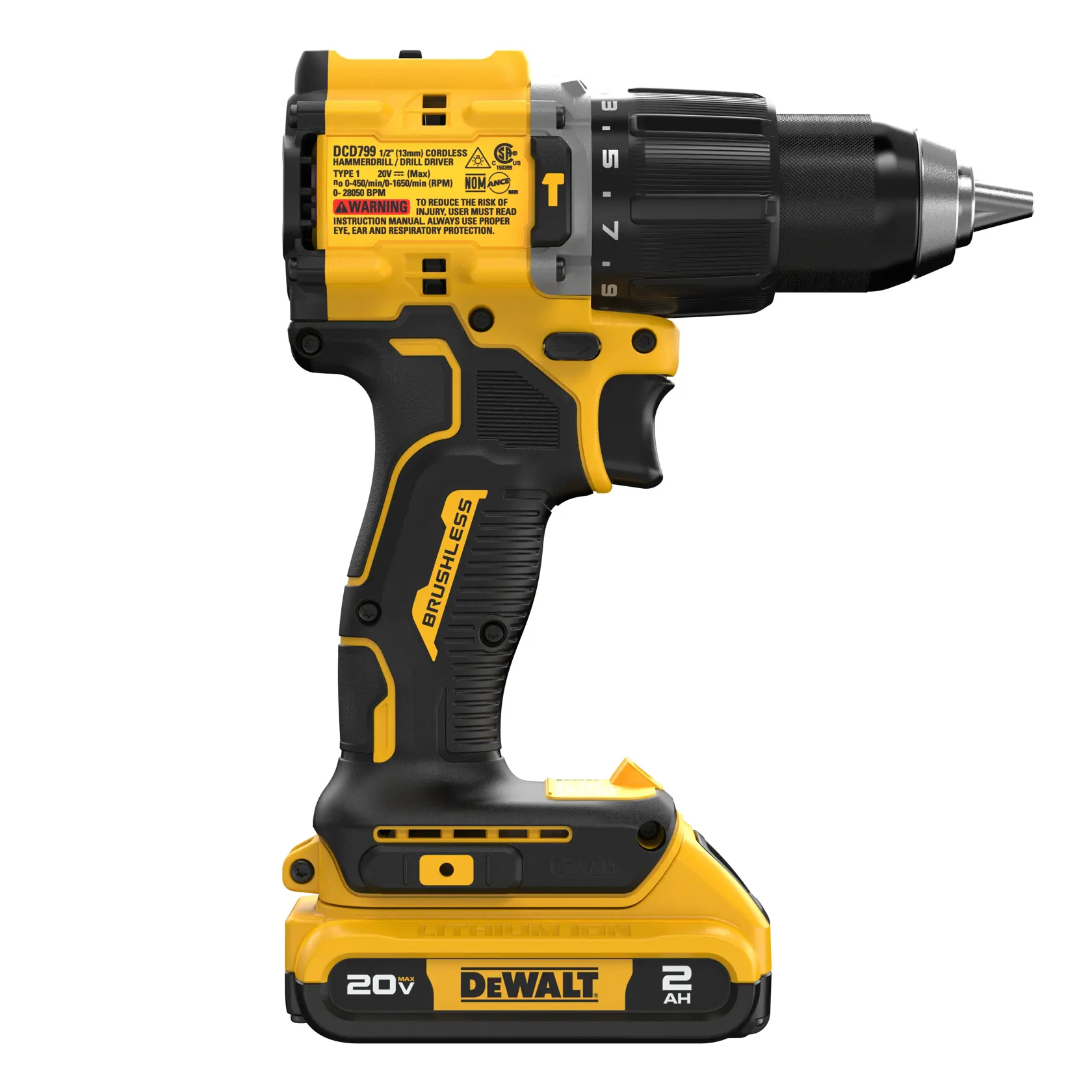20V MAX Brushless 1/2 inch Hammer angled with 20V MAX 2.0 ah battery 