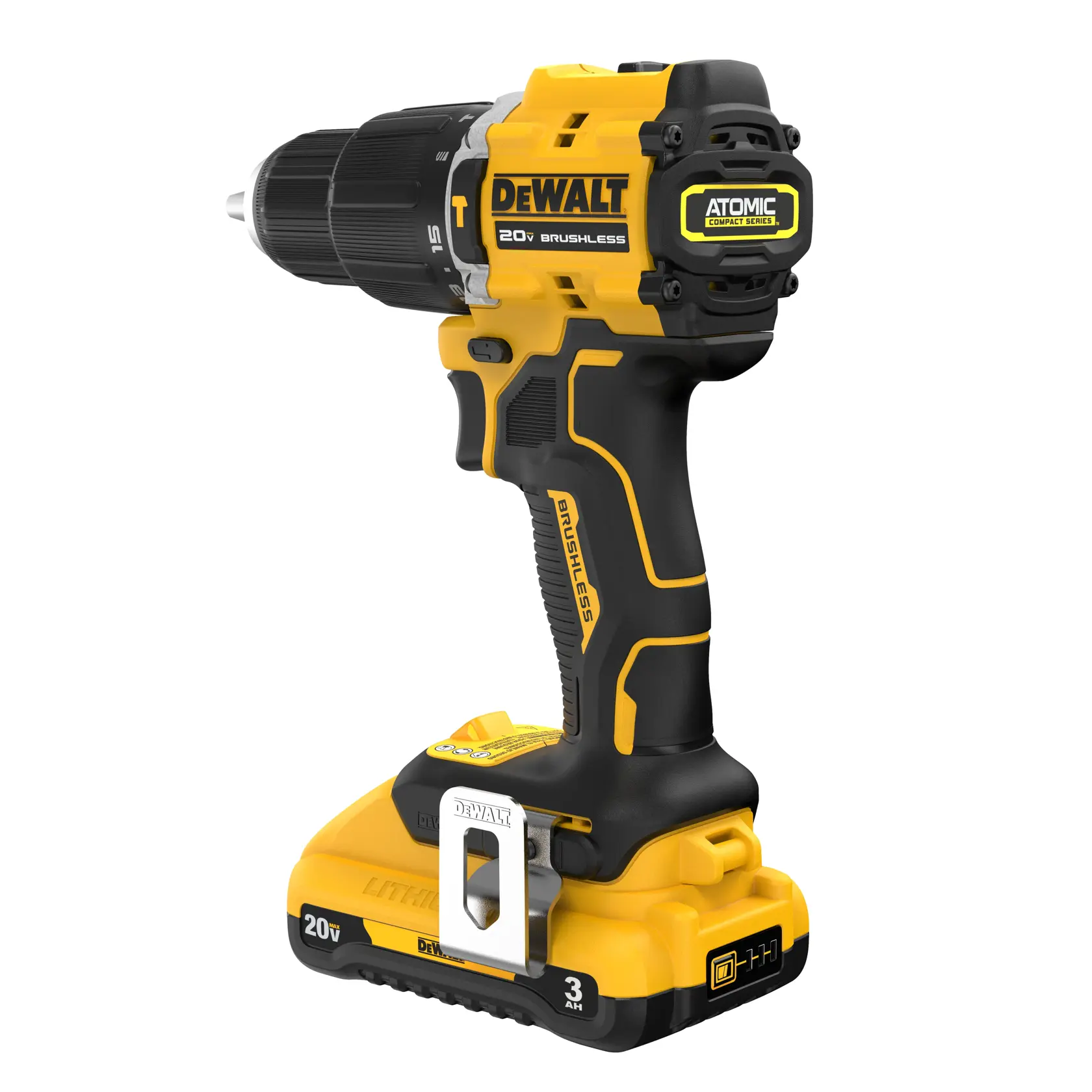ATOMIC COMPACT SERIES(™) 20V MAX 1/2 in. Hammer Drill angled  with 20V MAX* 3.0 Ah Battery 