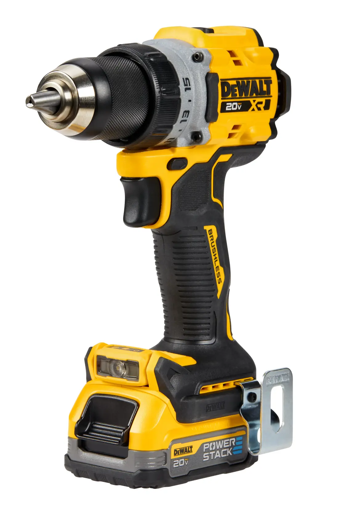 DCD800E2 kit includes: DCD800 20V max xr brushless 1/2 inch drill/driver, DCBP034 powerstack batteries, DCB112 charger, kit bag, and belt hook