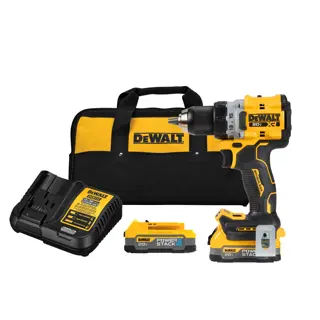 A DEWALT 20V cordless drill set including a yellow and black drill, two PowerStack lithium-ion batteries, a battery charger, and a black and yellow DEWALT branded carrying bag.