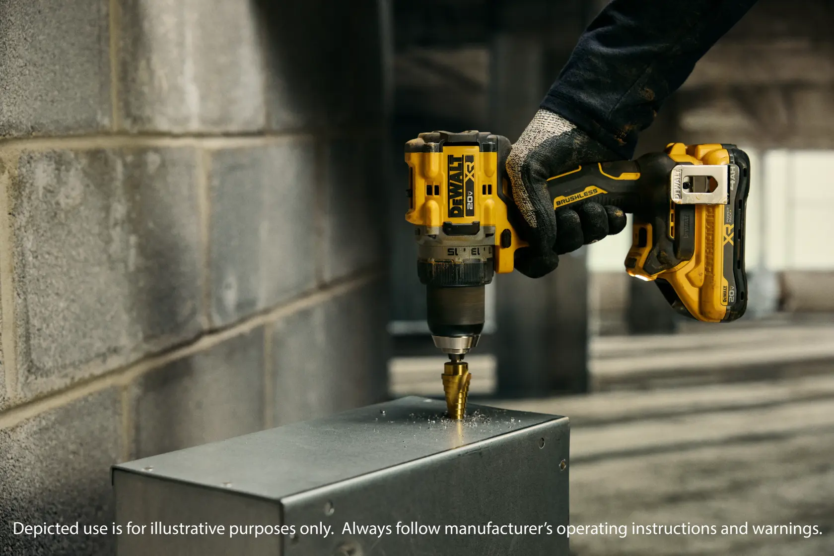 A close-up of a gloved hand using a DEWALT cordless drill to drill into a metal surface in an industrial environment.