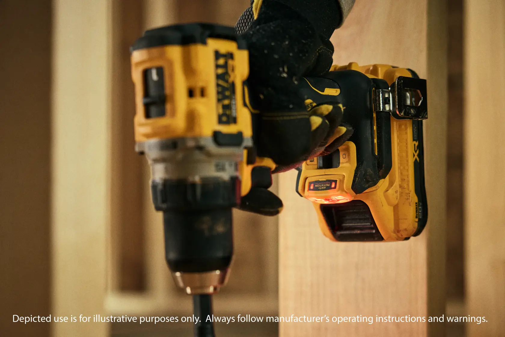 A close-up image of a DEWALT cordless drill being used by a person wearing black and yellow gloves, drilling into a wooden surface. The drill is yellow and black in color and the scene is indoors, showing part of a construction or woodworking project.
