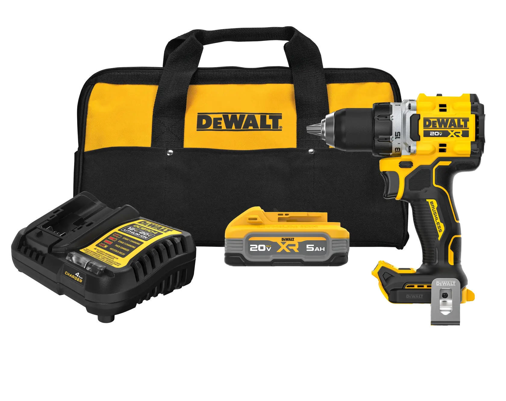 DEWALT cordless power drill kit, including a black and yellow carrying bag, a battery charger, a 20V XR 5Ah battery, and a yellow and black cordless drill.