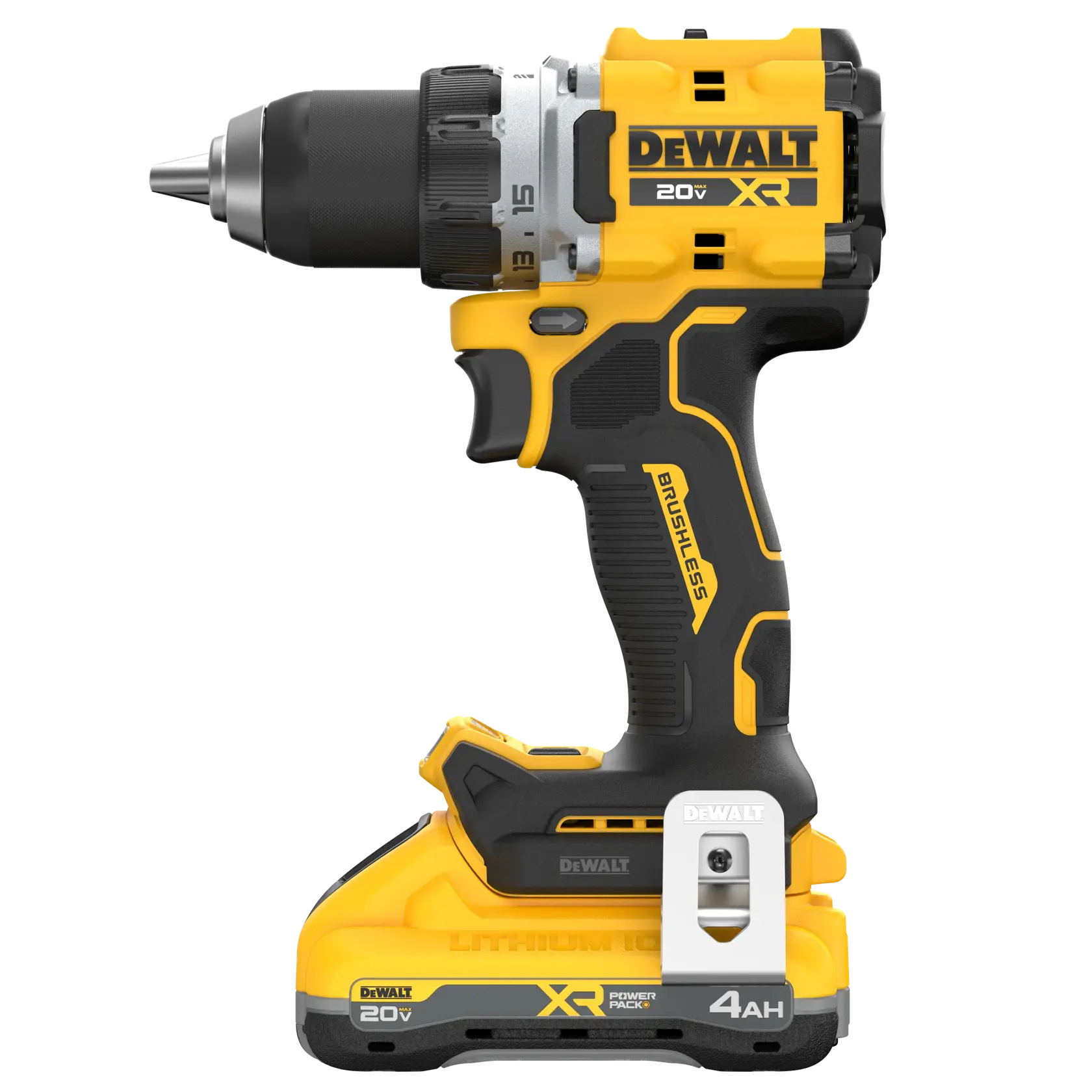 A yellow and black DEWALT 20V XR cordless drill with a brushless motor and a 4AH lithium-ion battery pack.