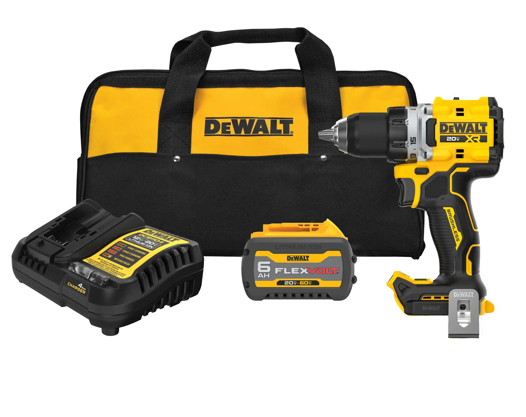 A DEWALT cordless drill kit including a yellow and black DEWALT drill, a battery charger, a FLEXVOLT lithium-ion battery, and a black and yellow DEWALT carrying bag, all displayed together.