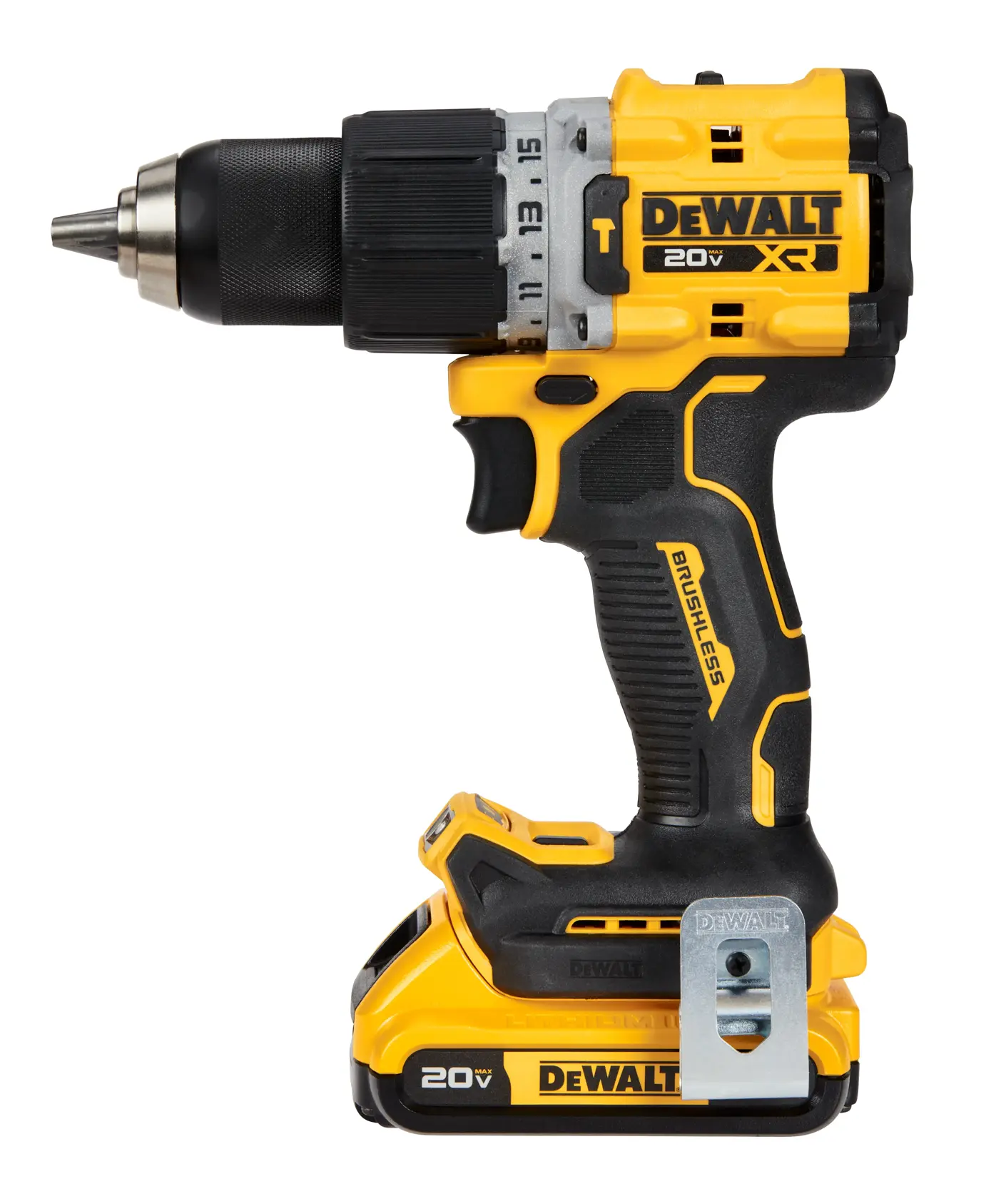 20V MAX XR 1/2 in. Brushless Hammer Drill/Driver showing 1/2 in. Metal Ratcheting Chuck, Brushless Motor, and LED Work Light 