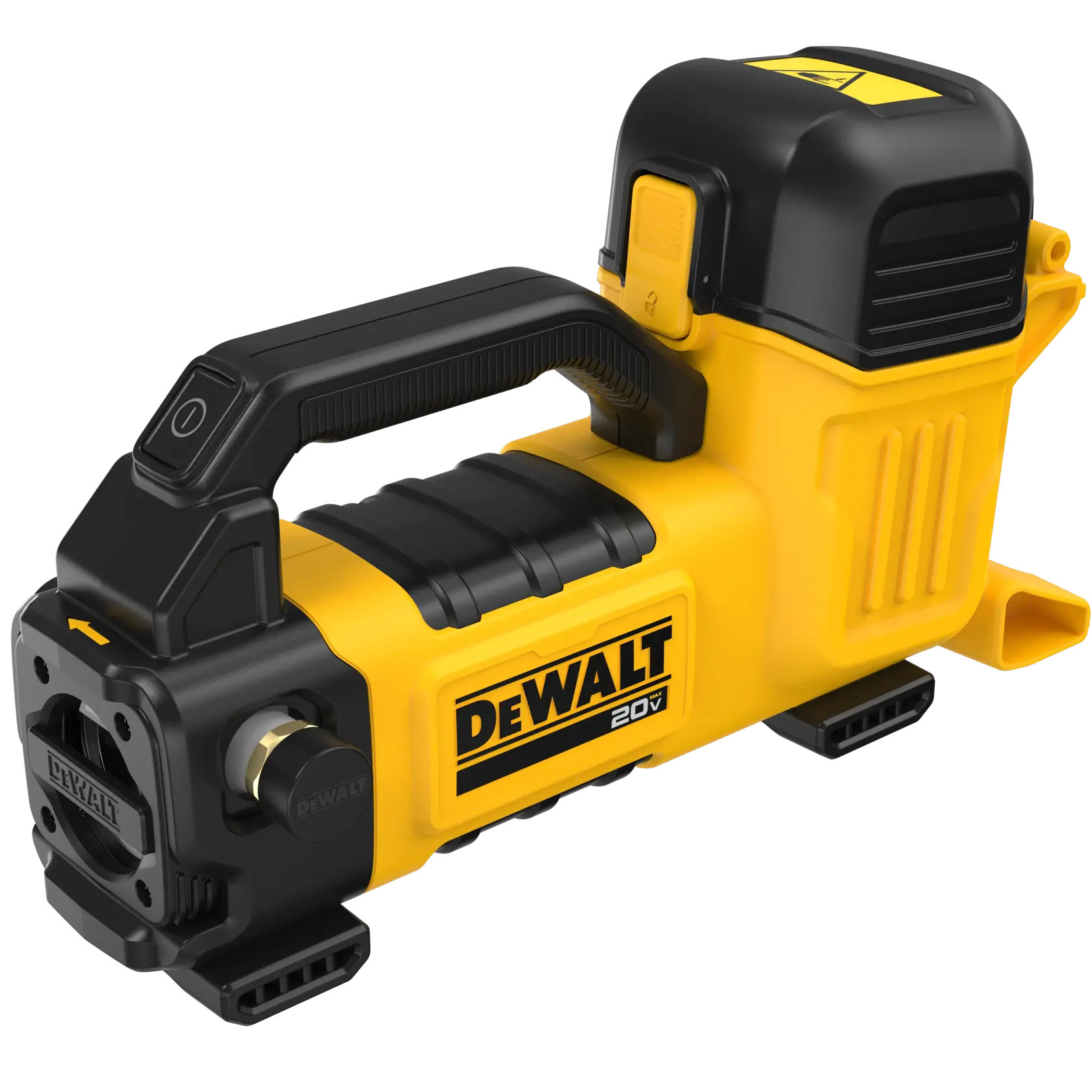 DEWALT Transfer Pump with battery viewed from top left. 