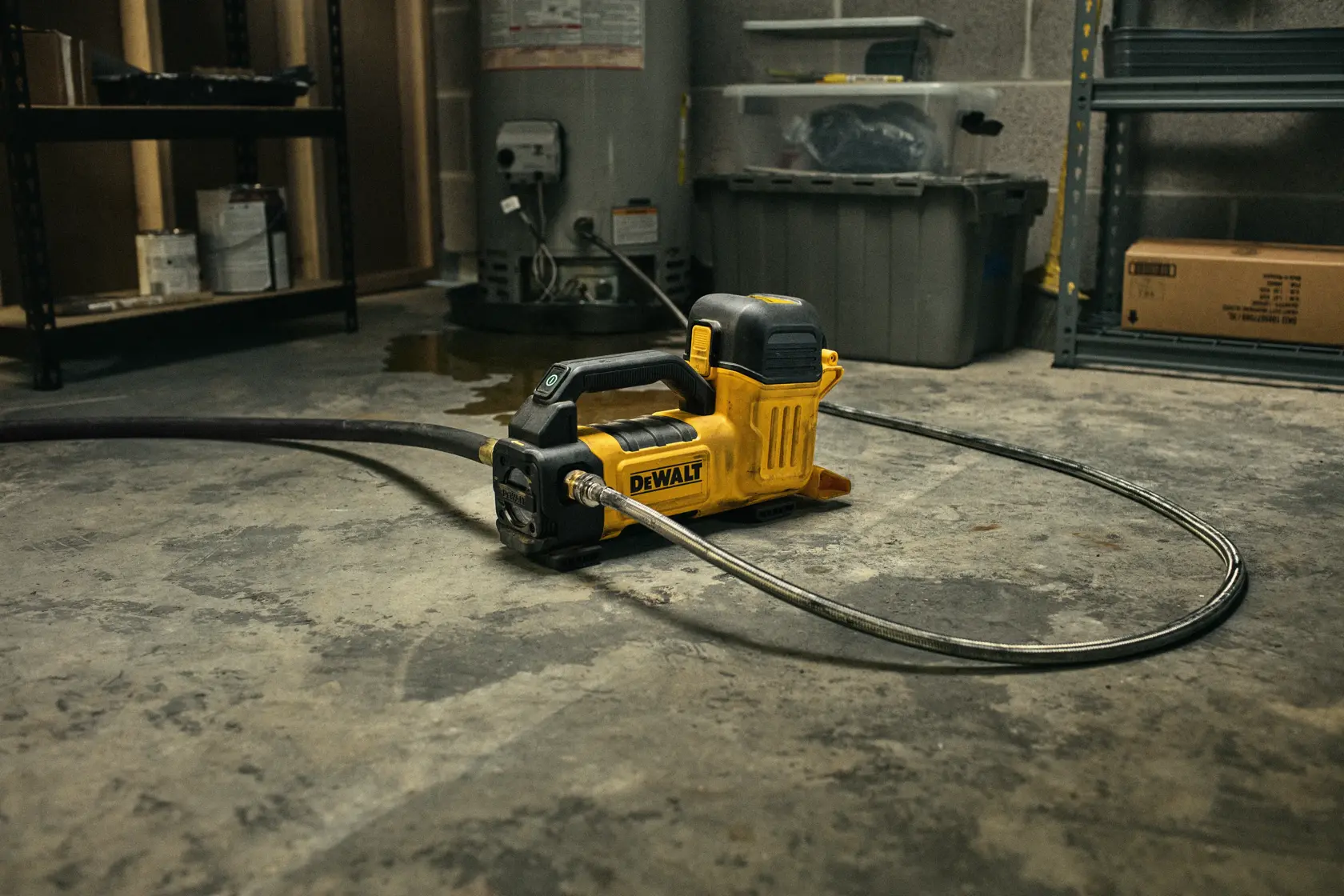 DEWALT Transfer Pump in basement connected to a water heater.
