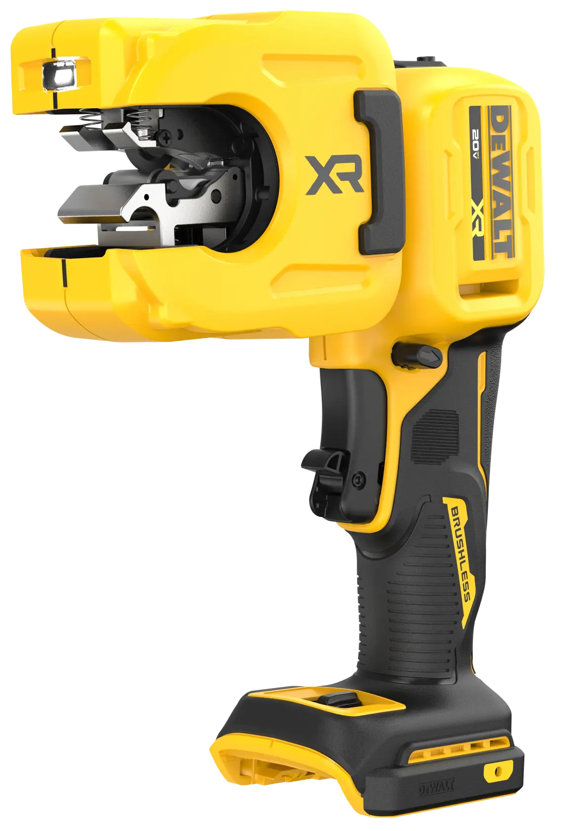 DEWALT 20V MAX* XR® 1-1/4“ Copper Tubing Cutter in right angle position viewed from front left on white background. 