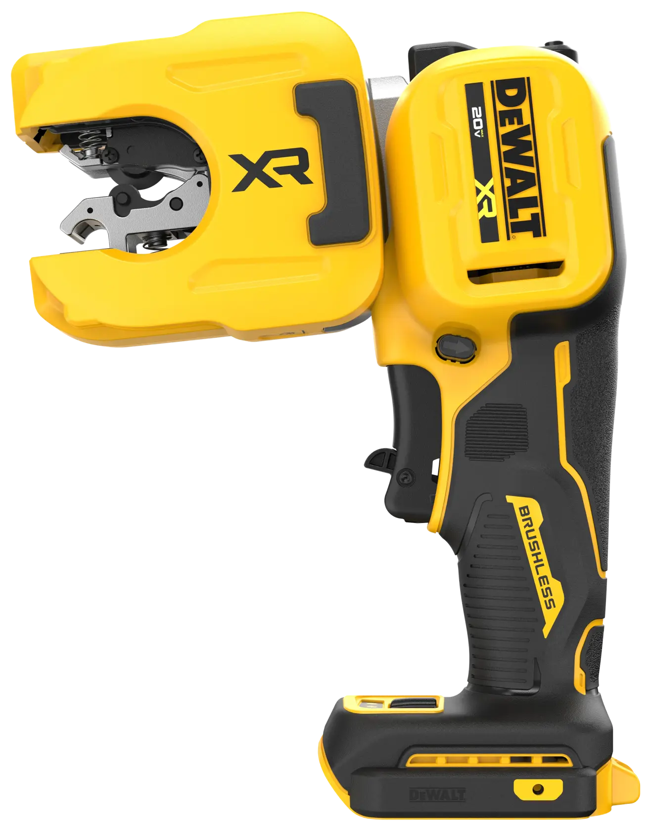 DEWALT 20V MAX* XR® 1-1/4“ Copper Tubing Cutter  in right angle position viewed straight-on on white background. 
