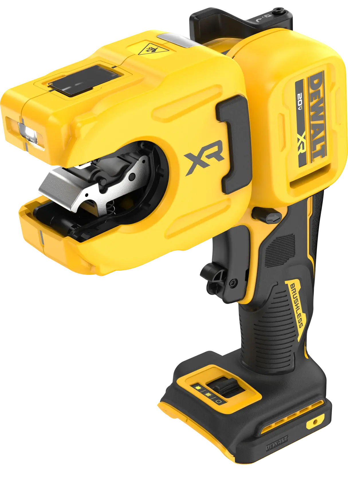 DEWALT 20V MAX* XR® 1-1/4“ Copper Tubing Cutter in right angle position viewed from top on white background. 