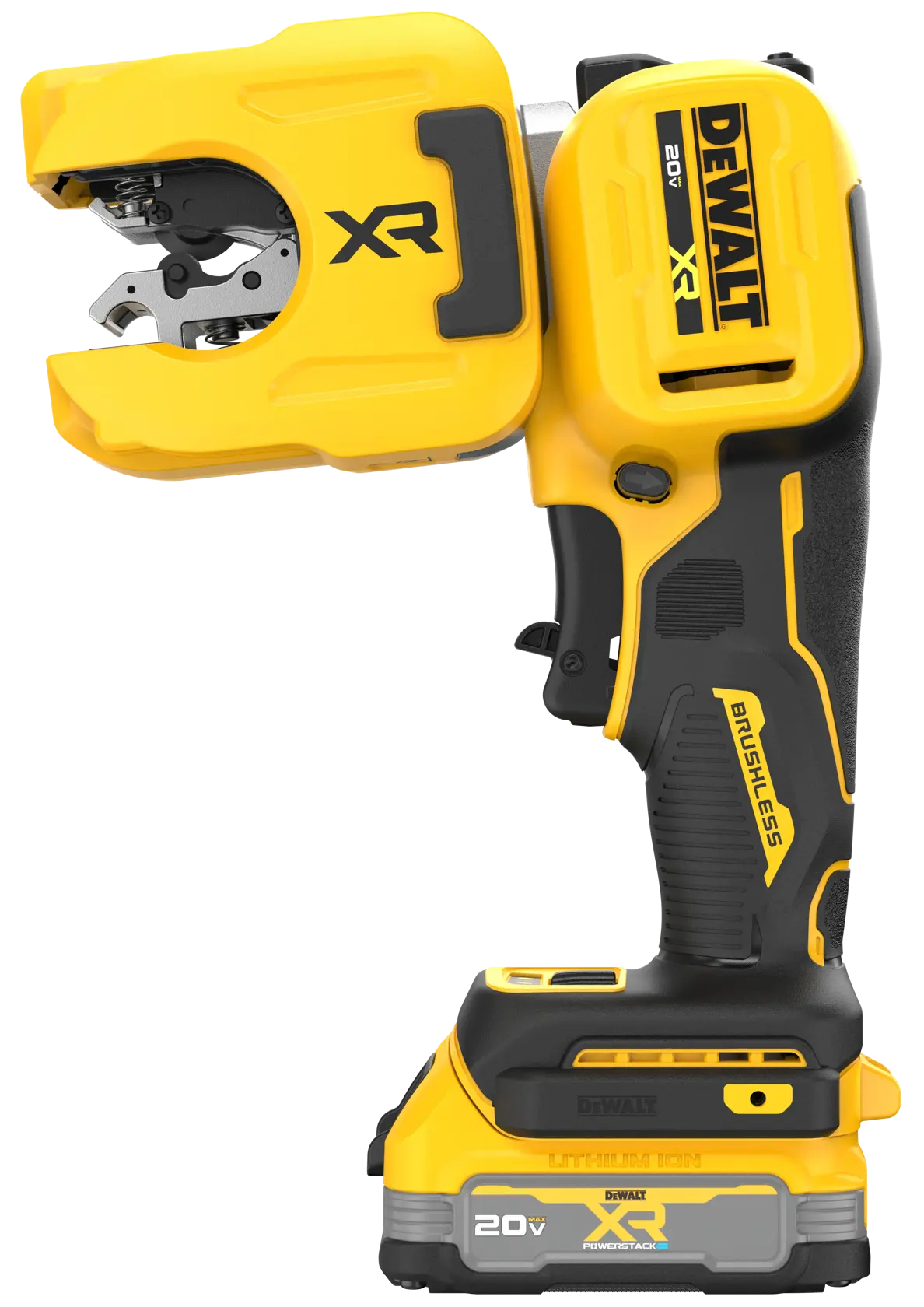 DEWALT 20V MAX* XR® 1-1/4“ Copper Tubing Cutter  with Powerstack Battery in right angle position viewed straight-on on white background. 