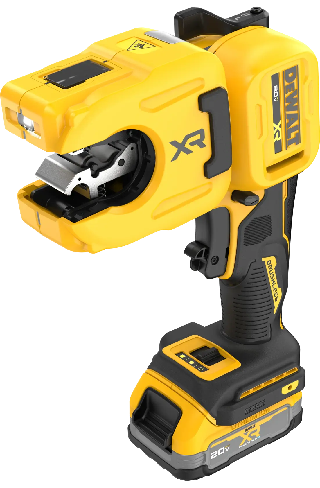 DEWALT 20V MAX* XR® 1-1/4“ Copper Tubing Cutter with Powerstack Battery in right angle position viewed from top on white background. 