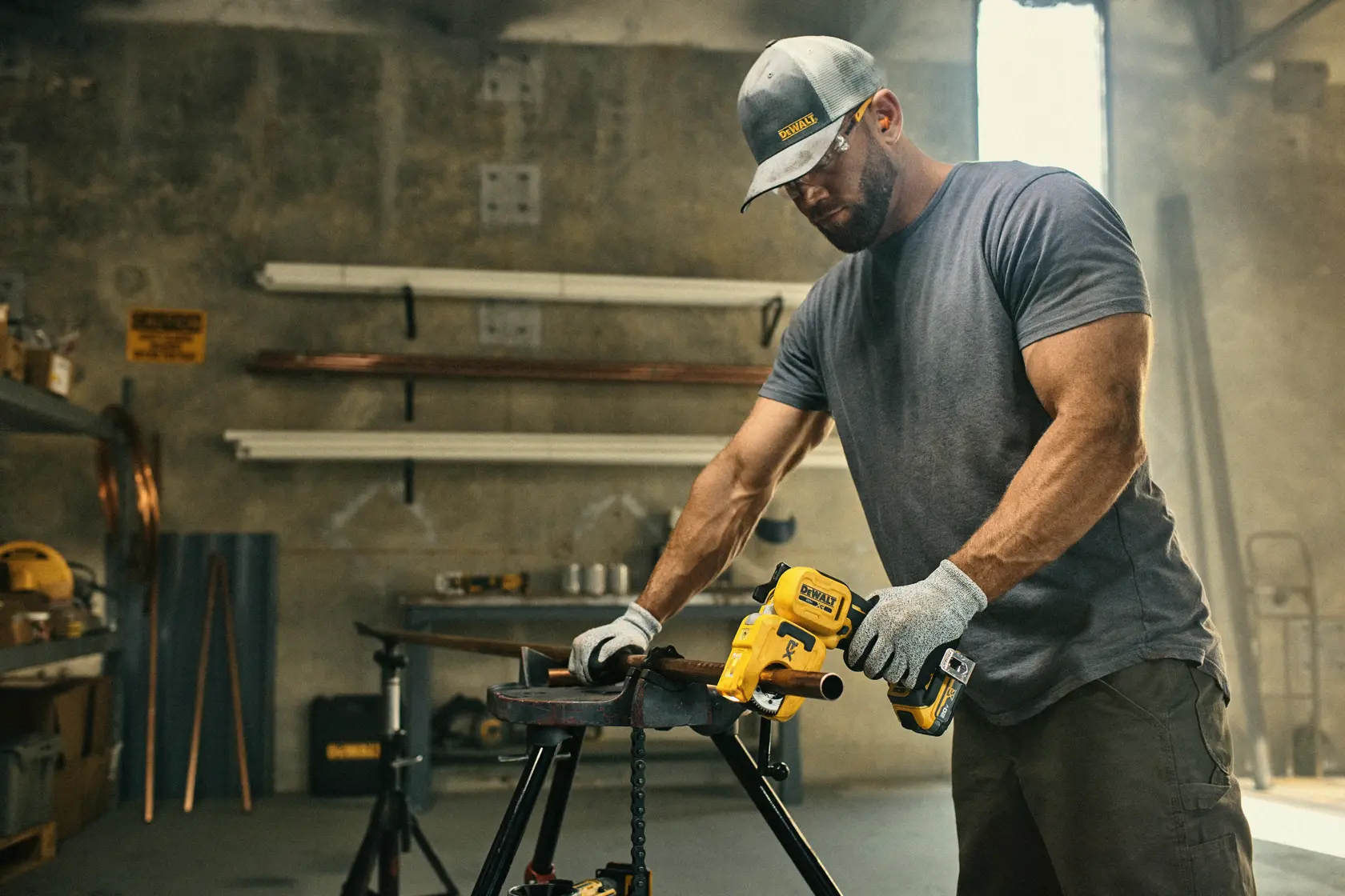 DEWALT Copper Tubing Cutter being used to cut copper pipe on a jobsite. 