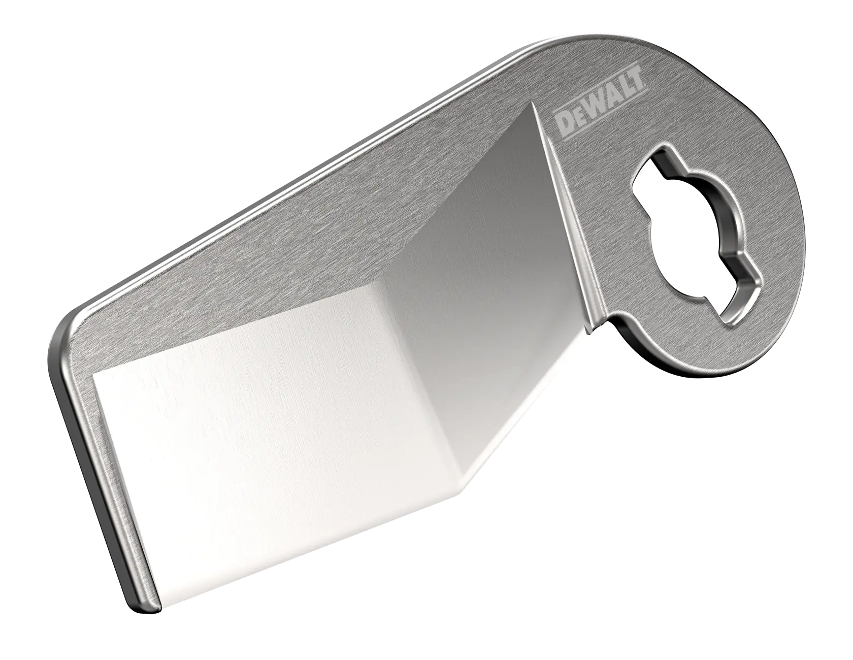 A metal accessory blade labeled DEWALT, shown isolated on a white background. The blade has an angled edge and a circular opening for attachment.