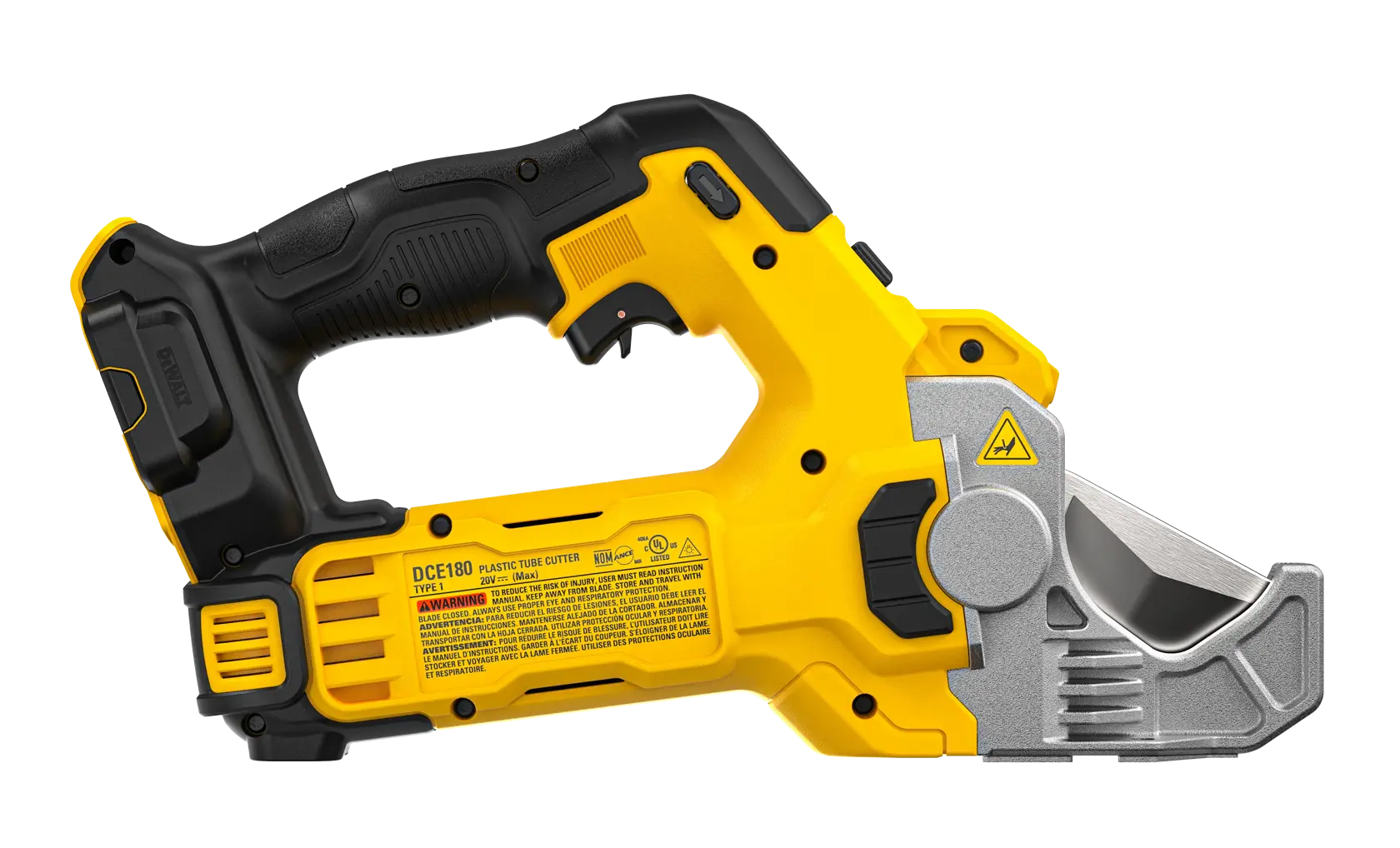 DEWALT Plastic Tubing Cutter viewed from the back on white background. 