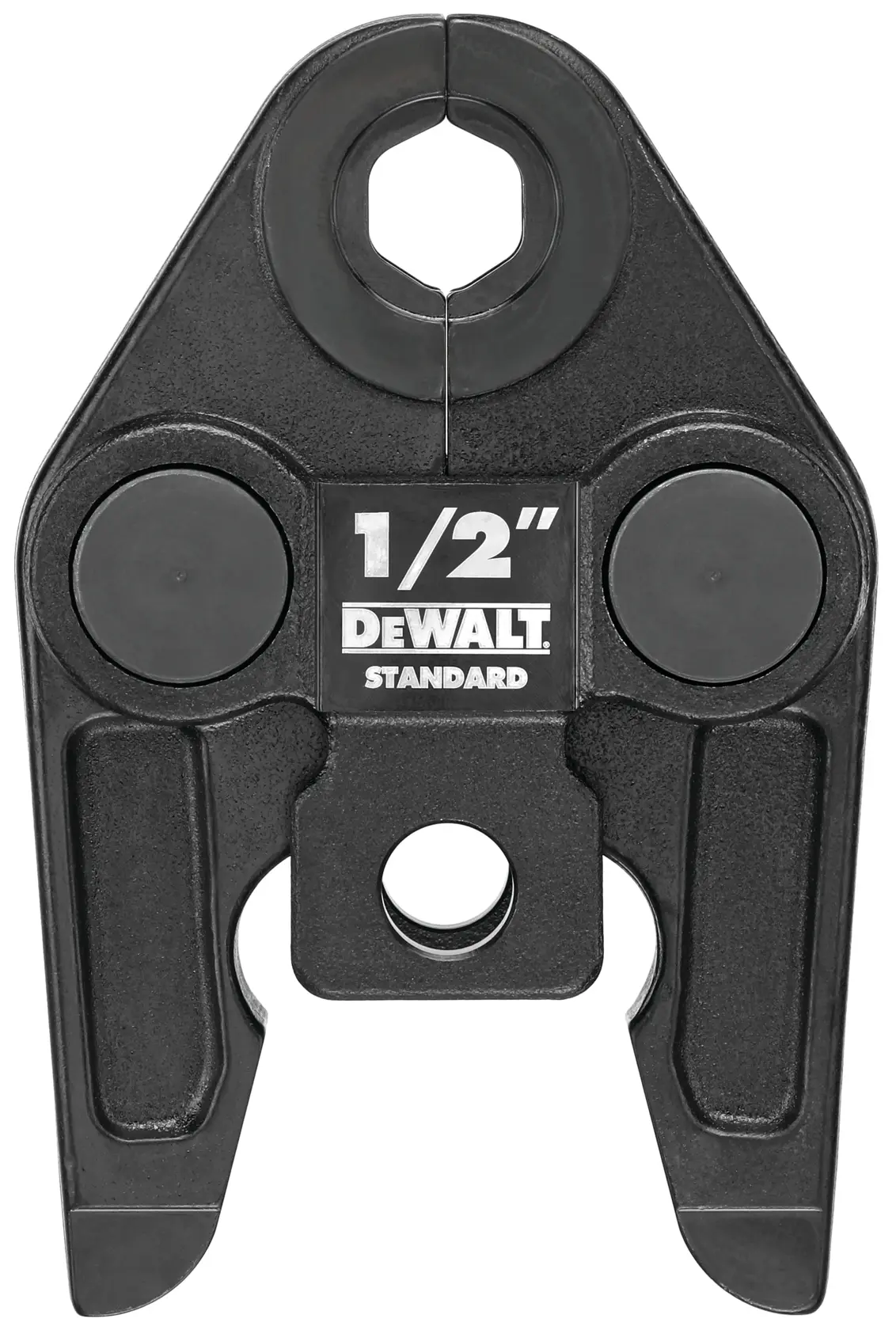A DEWALT branded 1/2 inch standard black metal pressing jaw tool, used for pipe fitting and plumbing applications.