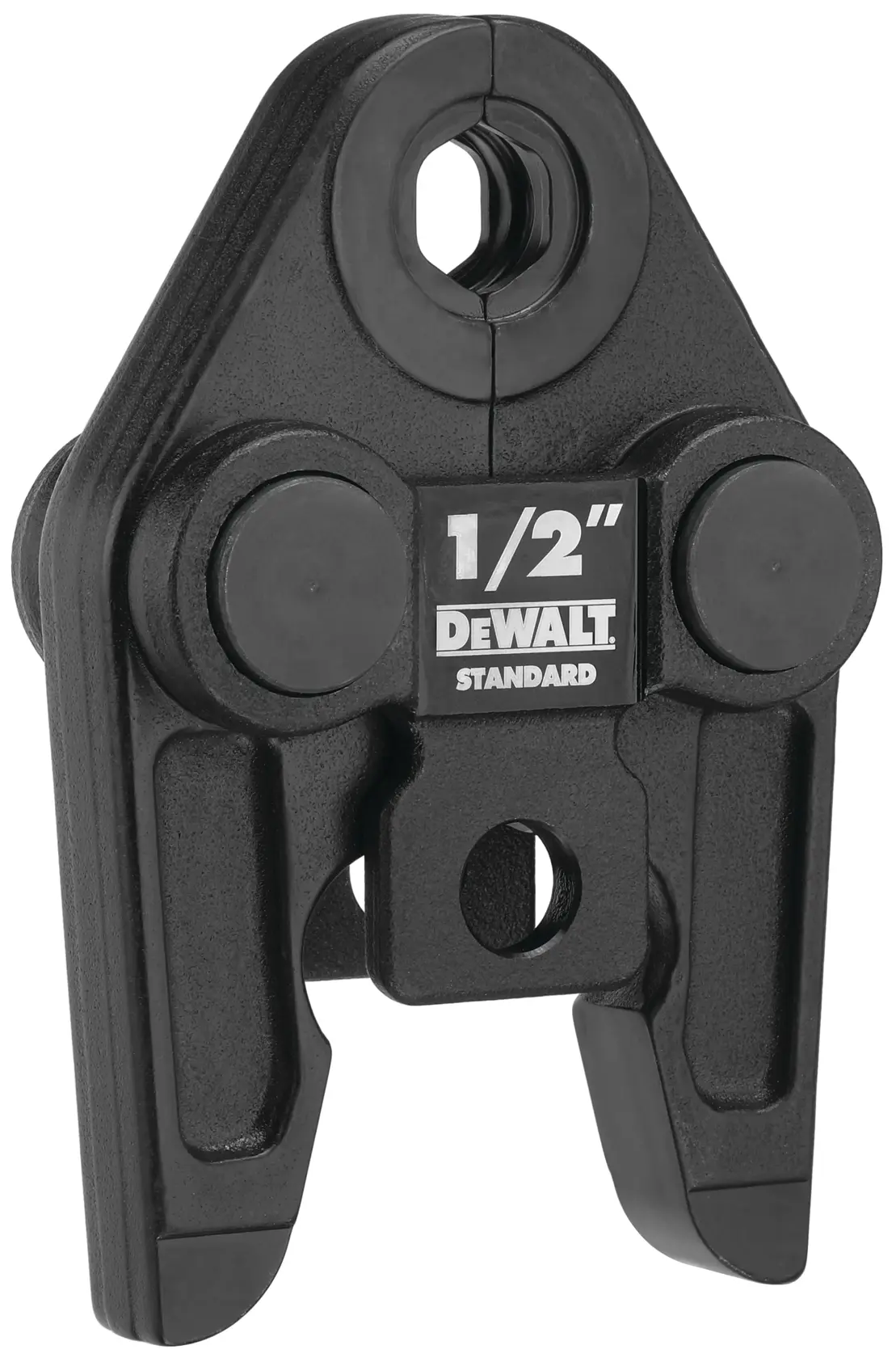 A DEWALT standard 1/2 inch press jaw tool attachment made of black metal, used for pipe pressing applications.