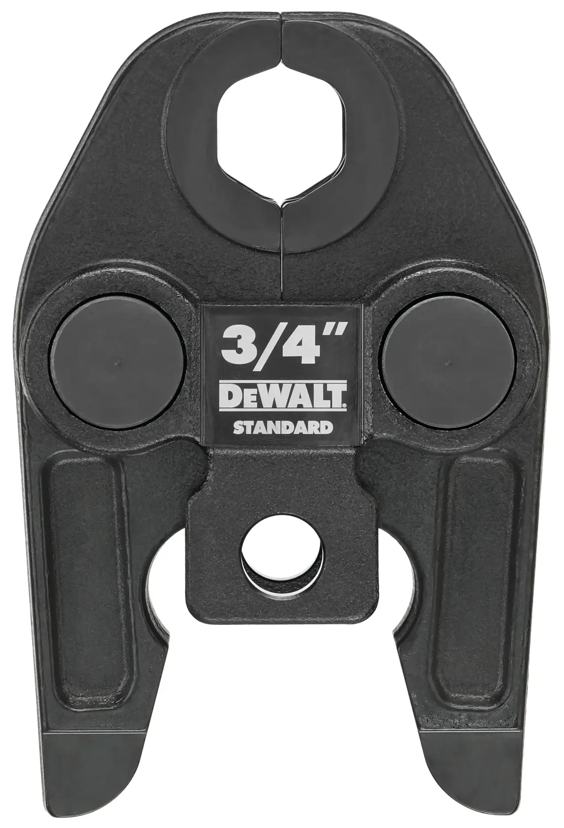 Close-up of a DEWALT 3/4 inch standard press jaw tool, used for connecting or crimping pipes. The tool is black and has '3/4“ DEWALT STANDARD' written in white on the front.