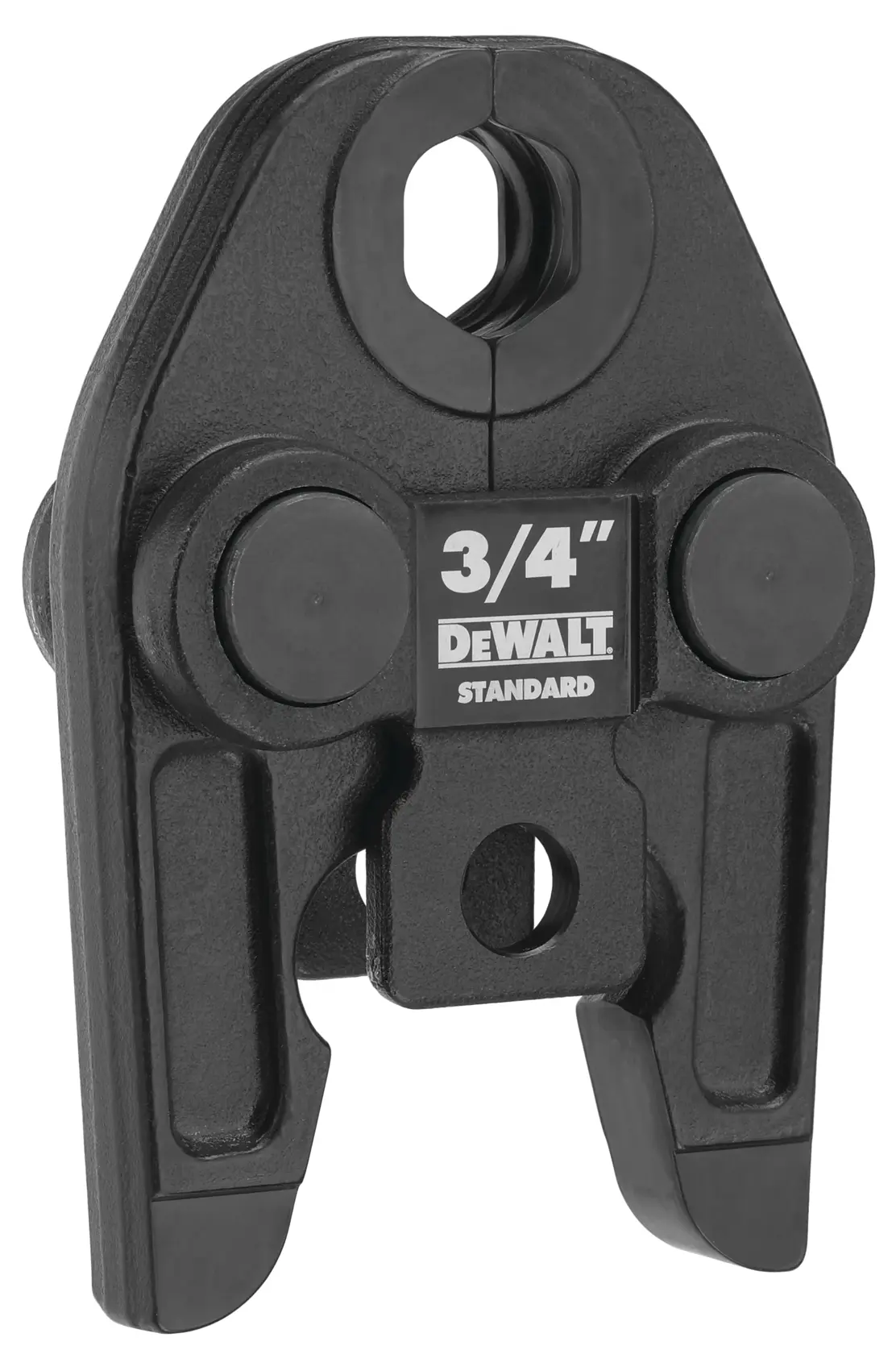 A close-up view of a DEWALT 3/4 inch standard crimping jaw attachment, used for pressing and joining pipes, shown in black with visible branding.