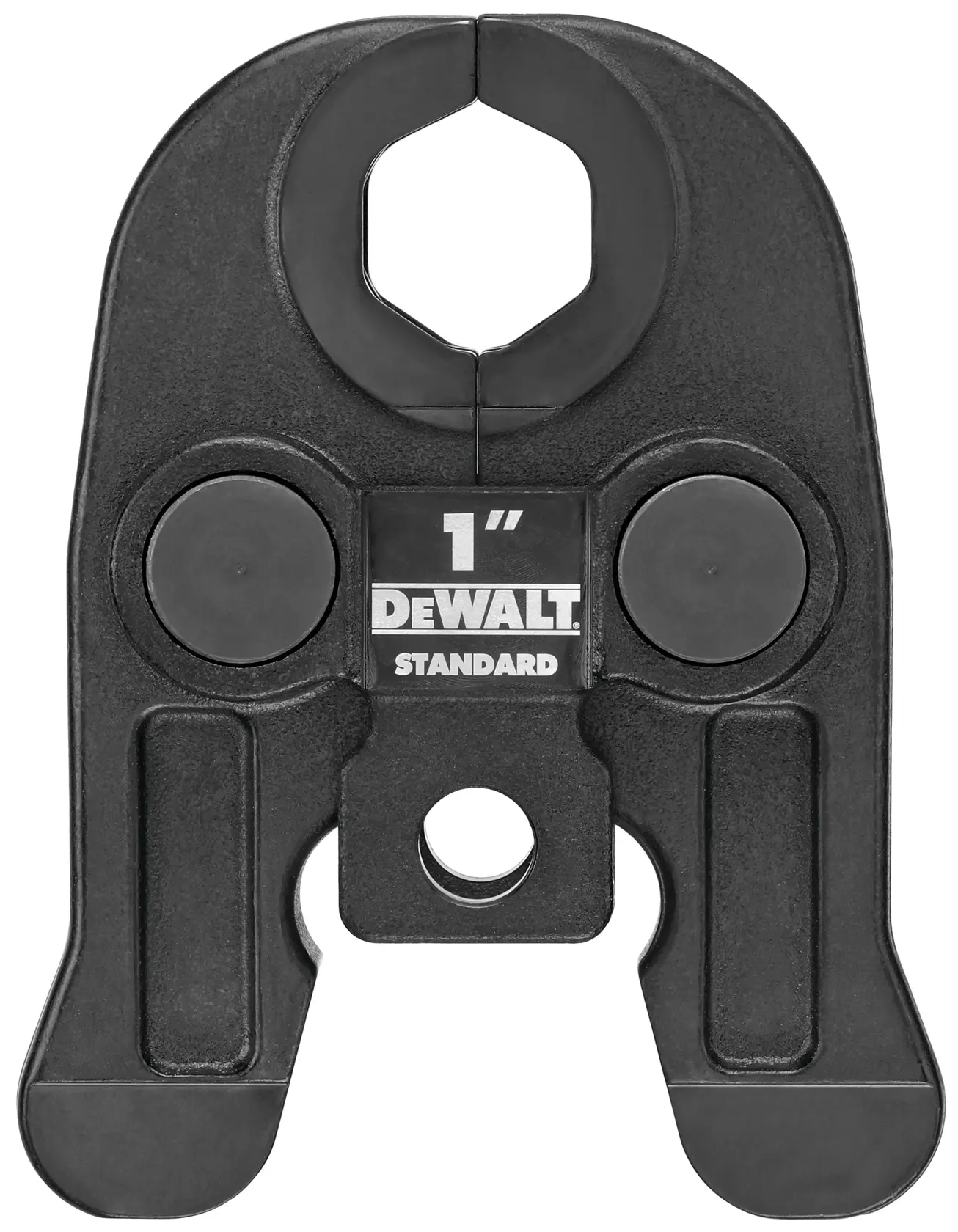 Front view of a DEWALT standard 1 inch pipe jaw attachment, designed for use with pressing tools in plumbing or pipe fitting tasks. The tool is black and has a circular opening at the top and a central label.