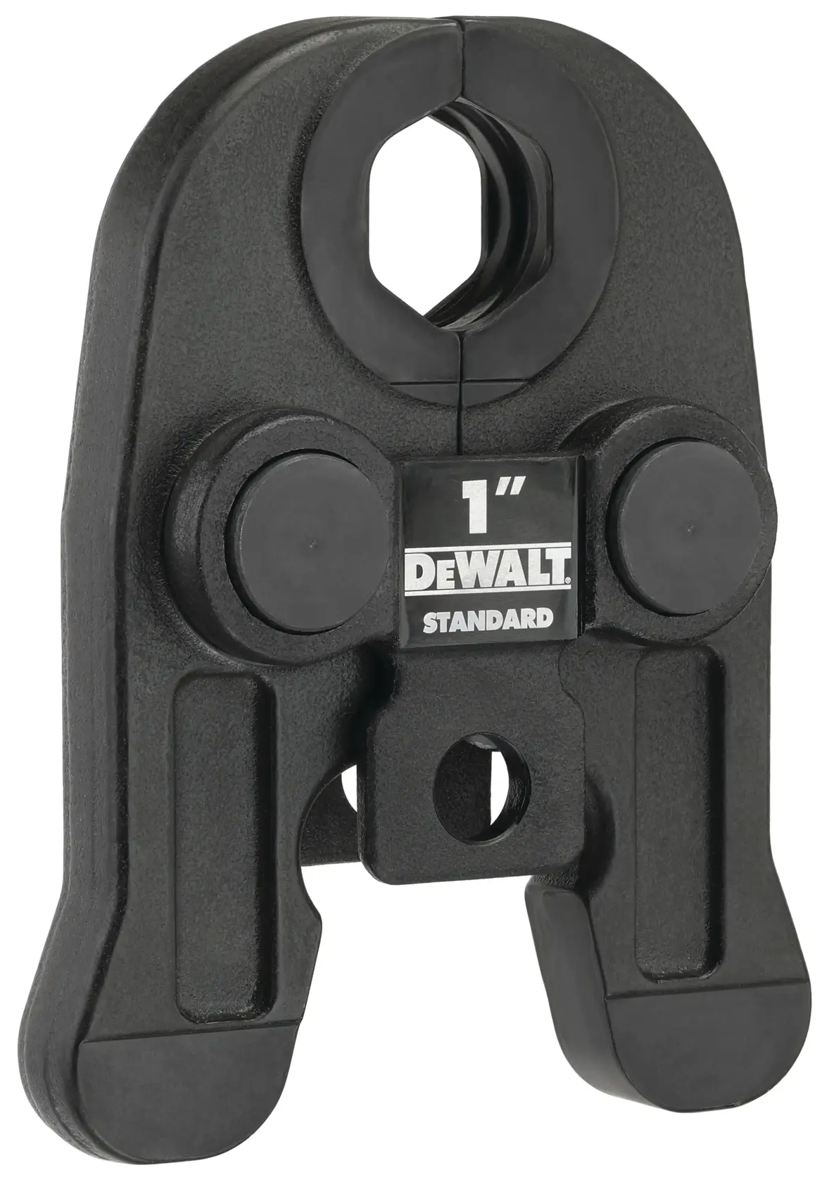A DEWALT branded press jaw attachment with a 1 inch standard size, used for pipe pressing and plumbing applications. The device is black, robust, and features a central opening for pipe insertion.