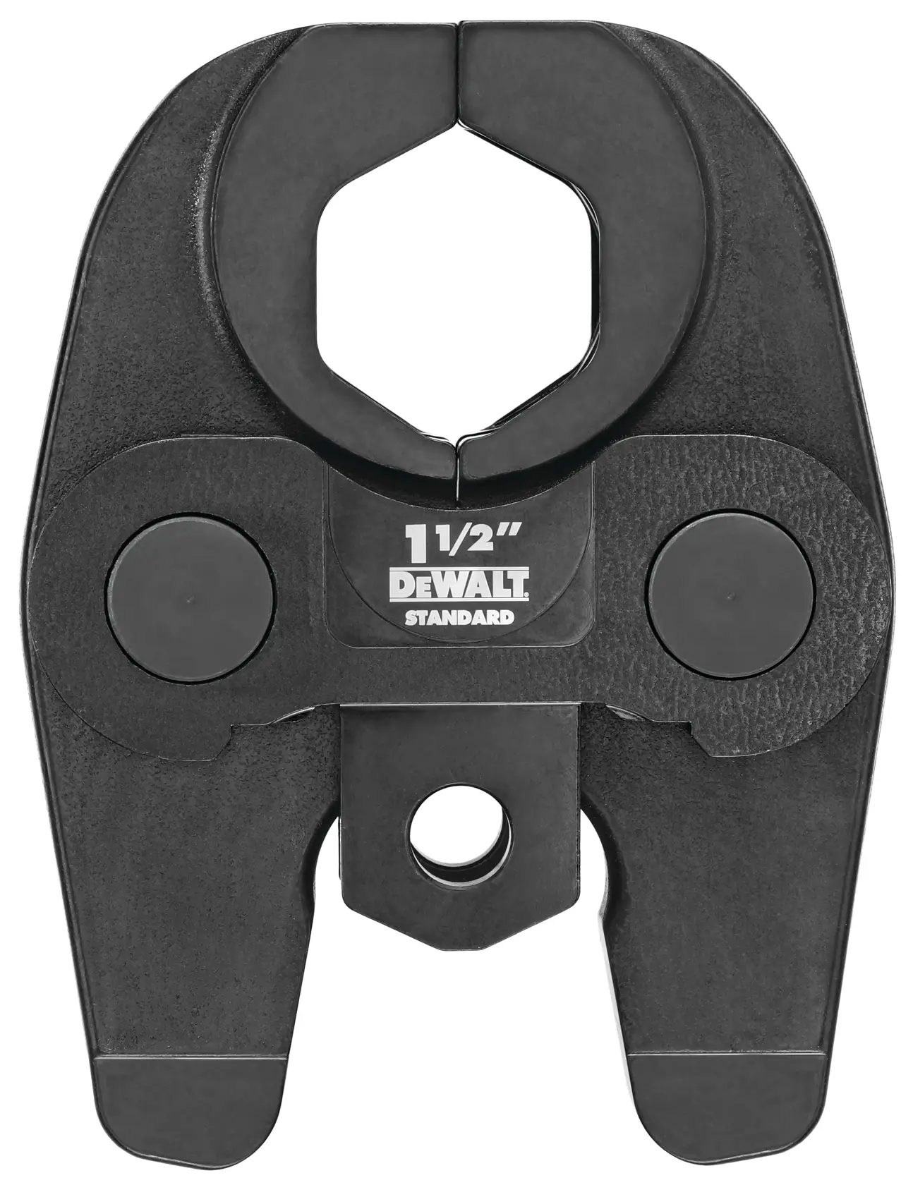 Close-up image of a DEWALT 1 1/2-inch standard press jaw tool, designed for crimping or pressing fittings in plumbing or mechanical applications.