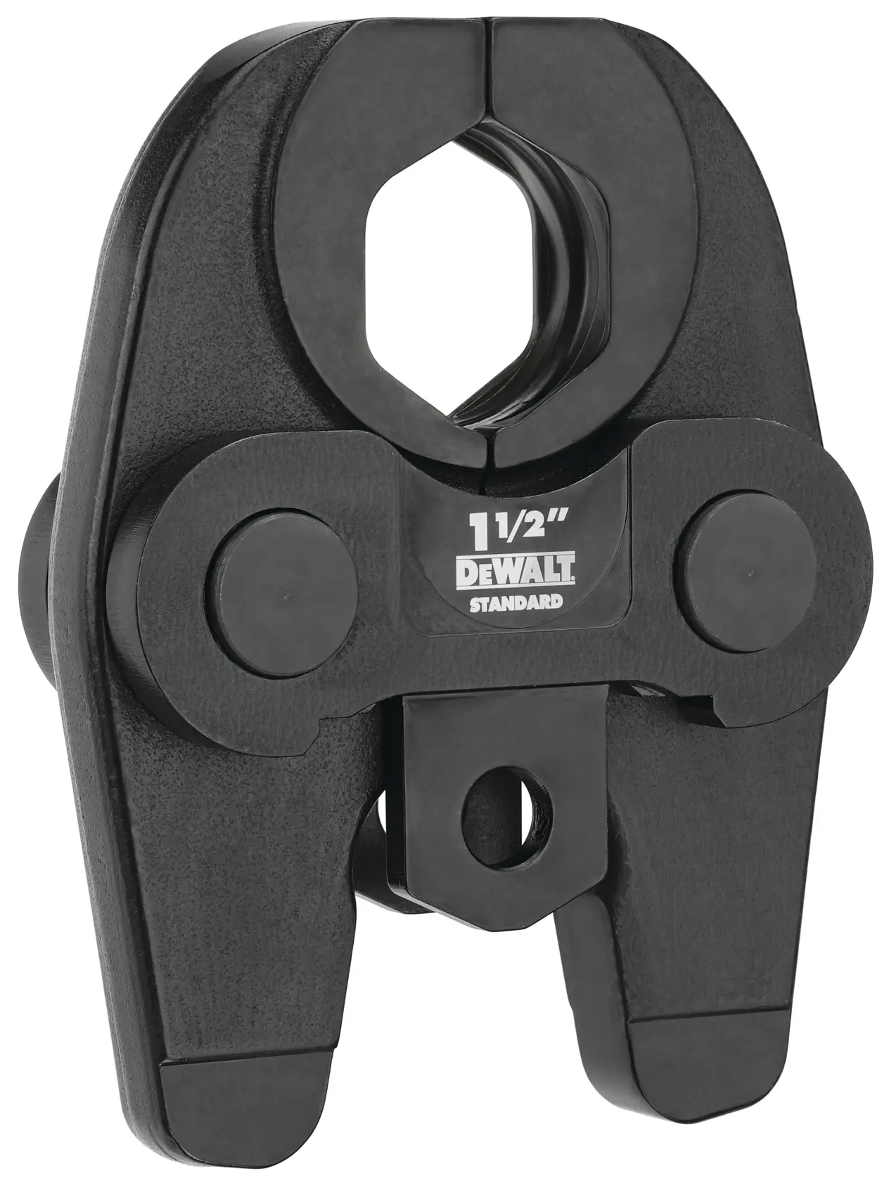 A DEWALT 1-1/2 inch standard black press tool jaw attachment, used for plumbing or pipe fitting tasks.