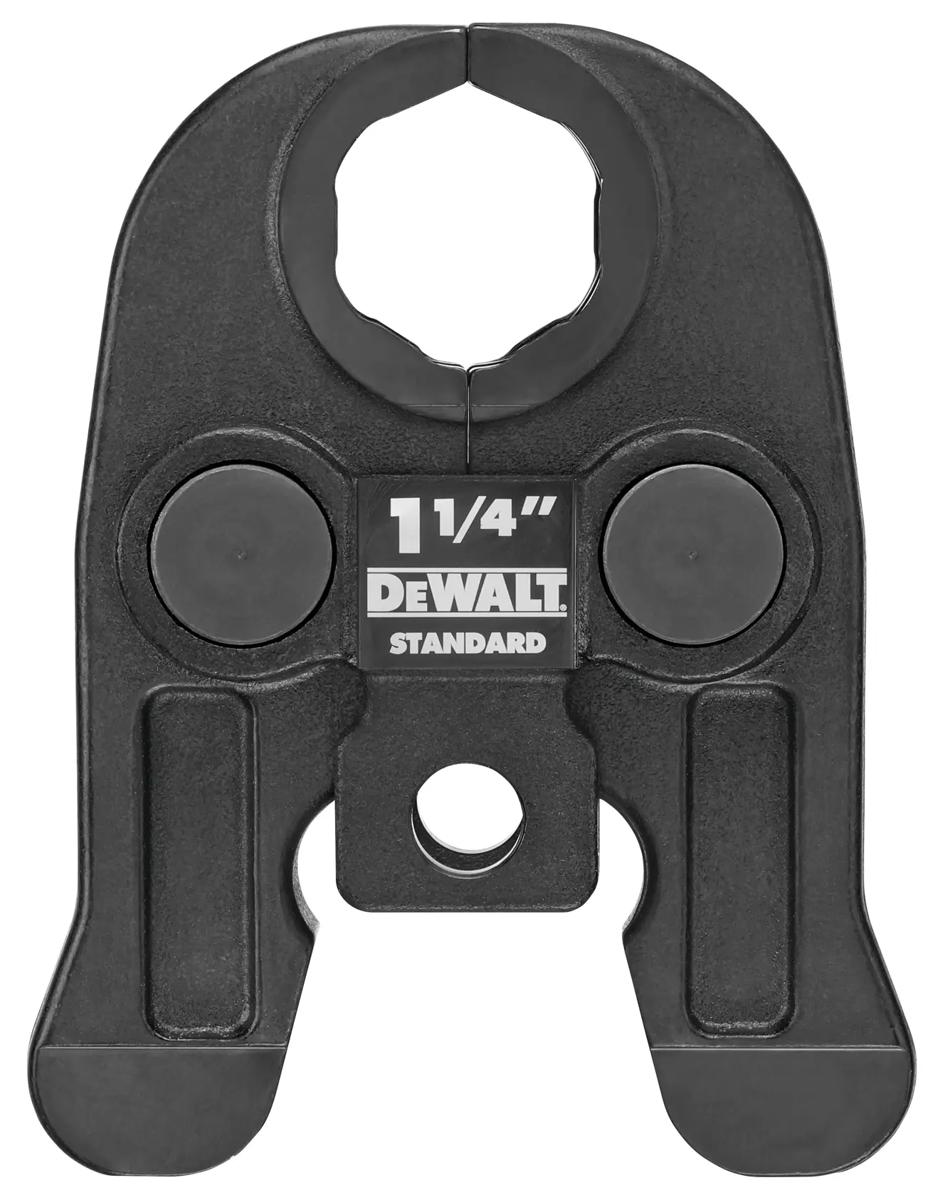 A DEWALT 1-1/4 inch standard pressing tool jaw attachment, made of black metal, designed for pipe or tubing connections.