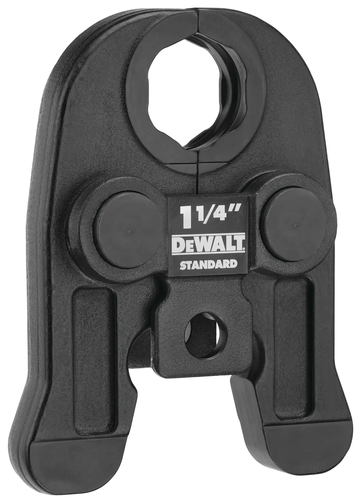 A close-up image of a DEWALT standard 1 1/4 inch black metal pipe pressing jaw attachment, designed for use with power tools.