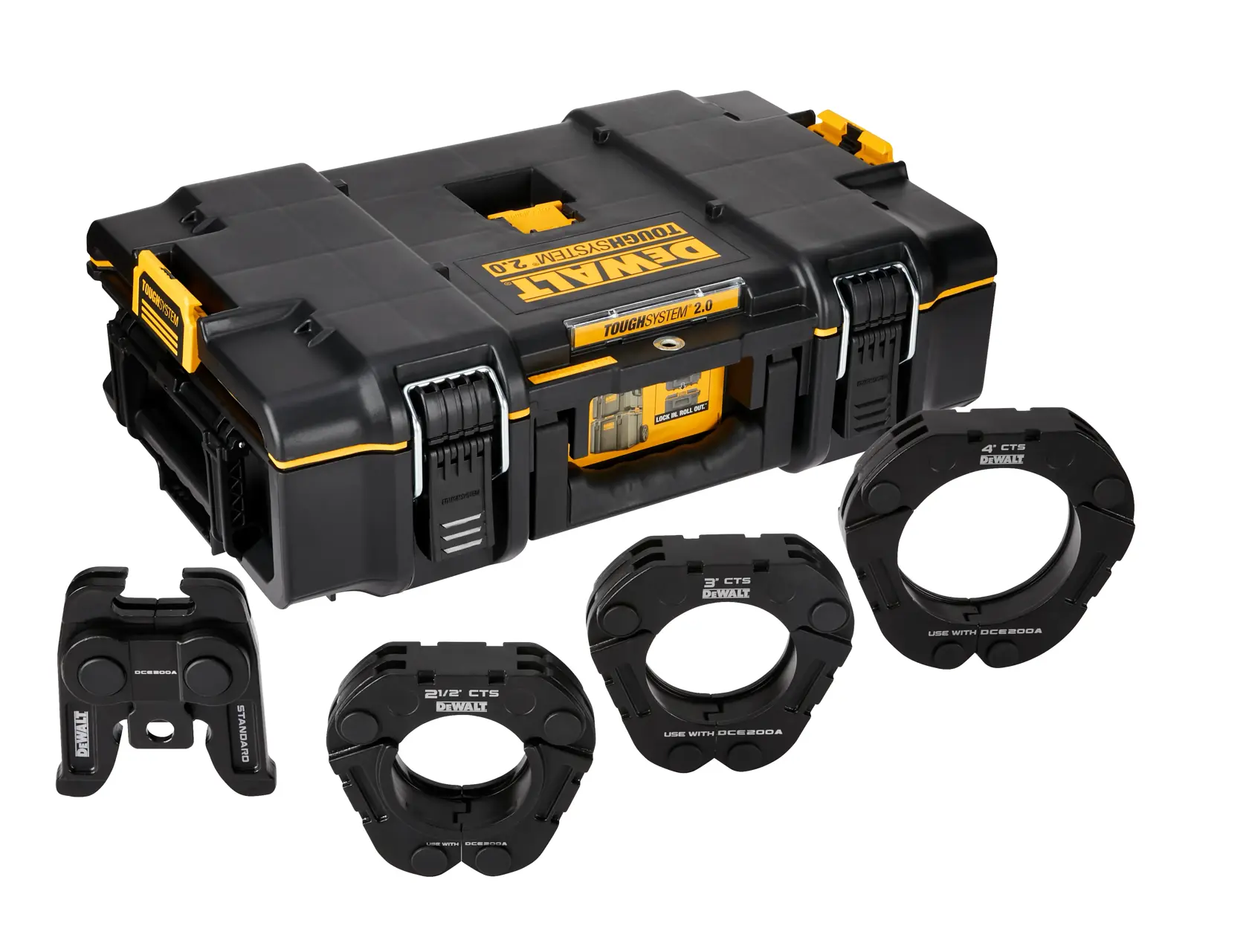 DEWALT ToughSystem 2.0 promotional graphic with the slogan 'Storage Built to Handle It' in large, bold yellow lettering on a dark, textured background.
