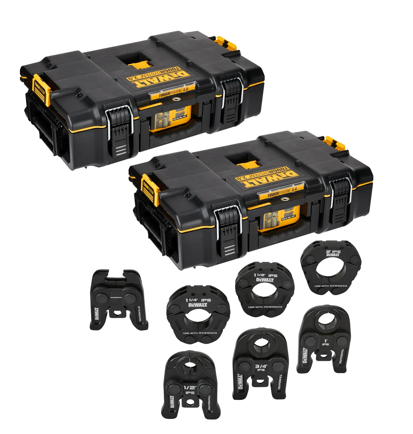 DEWALT ToughSystem 2.0 promotional graphic with the slogan 'Storage Built to Handle It' in large, bold yellow lettering on a dark, textured background.