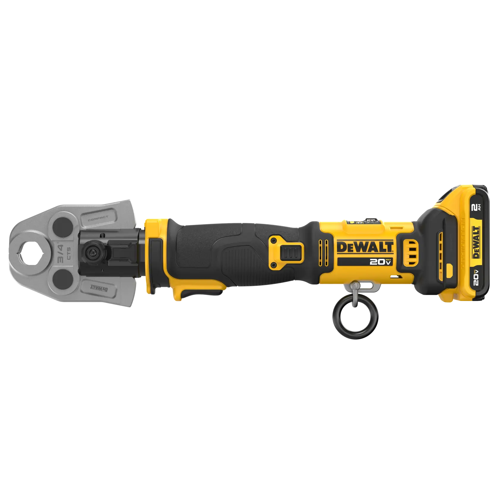 DEWALT Compact Inline Press Tool with 2 AH battery and 1/2“ jaw viewed from 3/4 angle