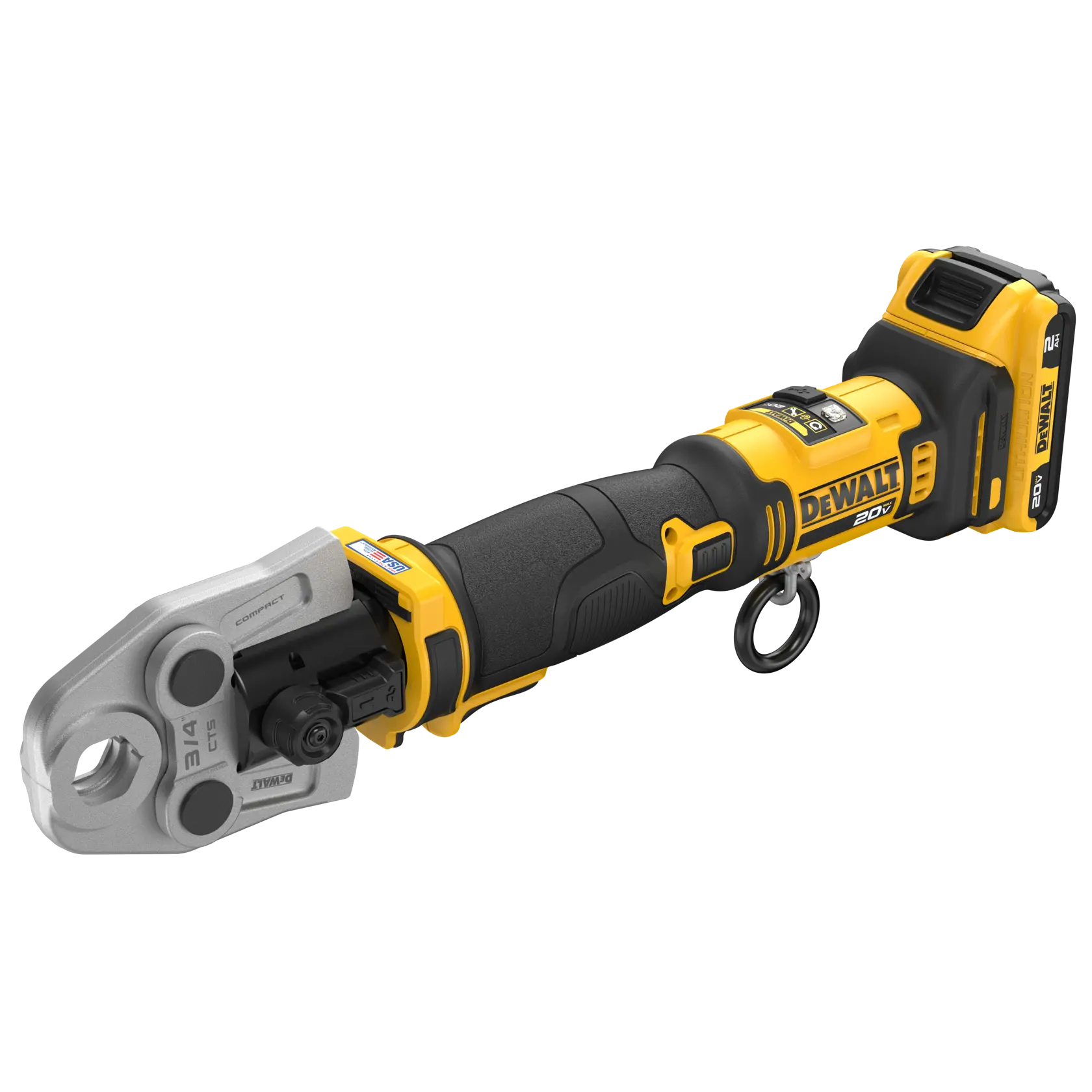 DEWALT Compact Inline Press Tool with 2 AH battery and 3/4 inch jaw viewed from top