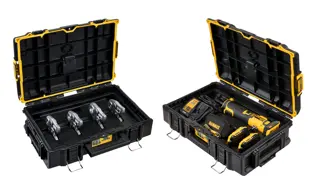 DEWALT Compact Inline Press Tool inside Tough System Box with batteries, strap, cord, and charger. Next to it is a seconf box with jaws.