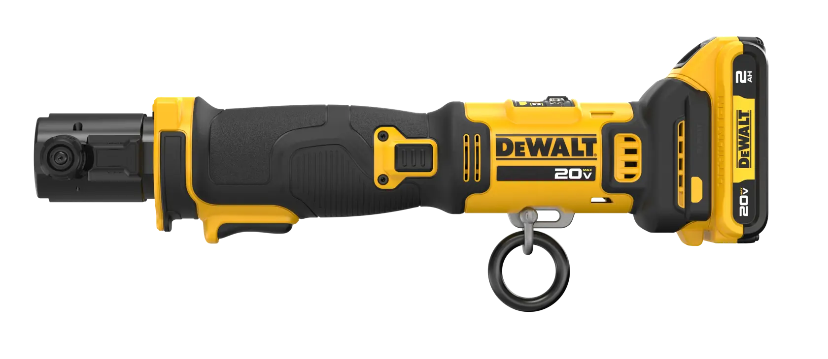 DEWALT Compact Inline Press Tool with 2 AH battery viewed from 3/4 angle showing the front of the tool